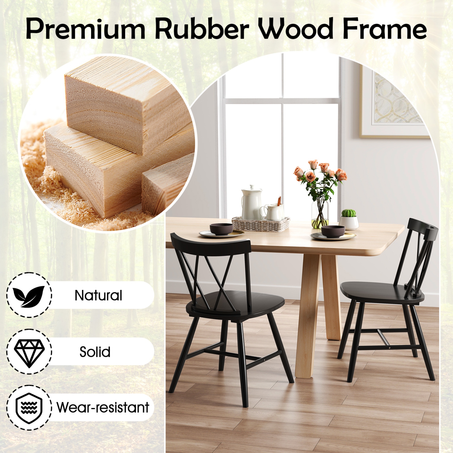 Costway Dining Chairs Set of 2/4 Farmhouse Kitchen Chair with Rubber Wood Frame Black/Natural