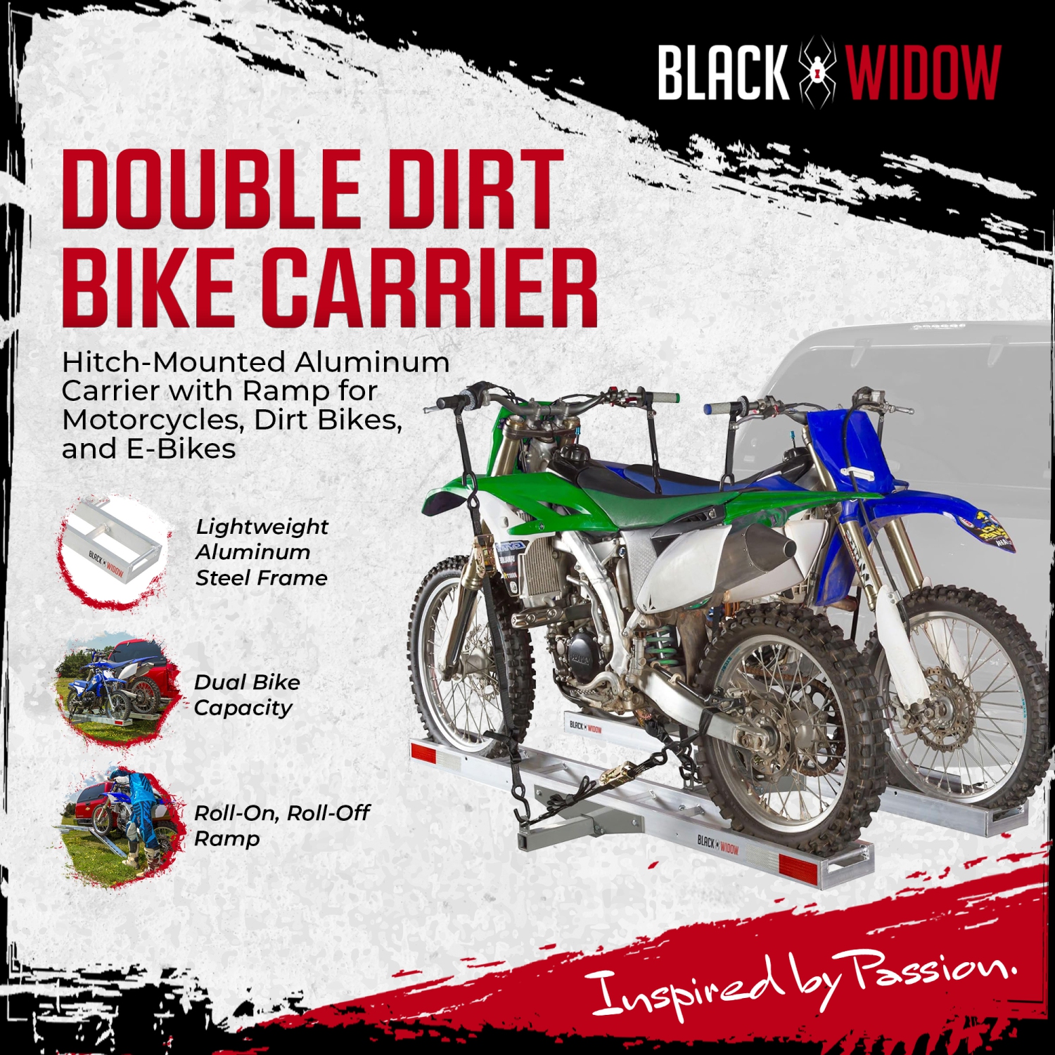 Black Widow Double Motorcycle Carrier with Ramp for 2" Hitch, 600 Pound Capacity