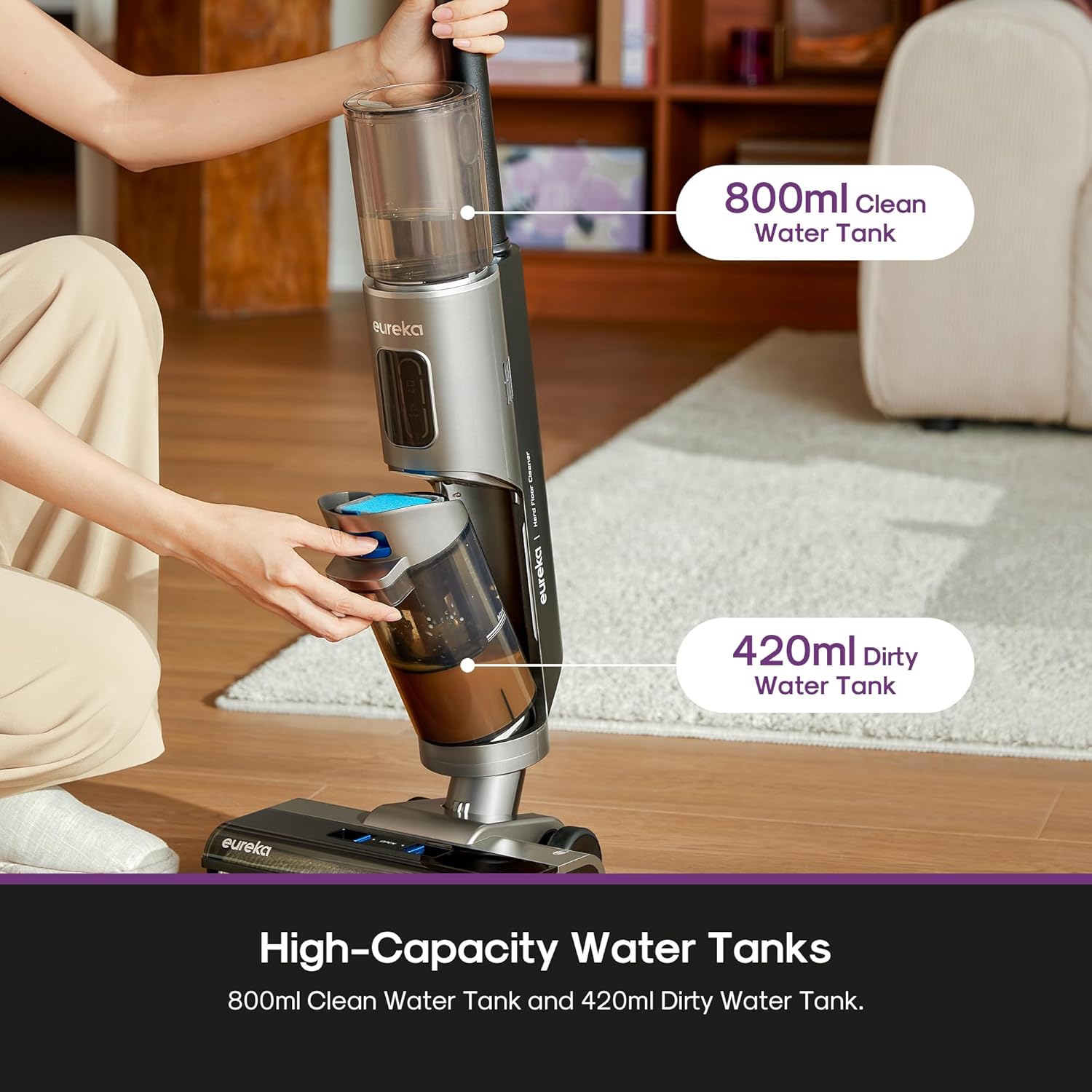 Aspirateur-balai sans fil pour déchets secs et humides d'Eureka, aspirateur et vadrouille autonettoyants, idéal pour les planchers durs, dégâts