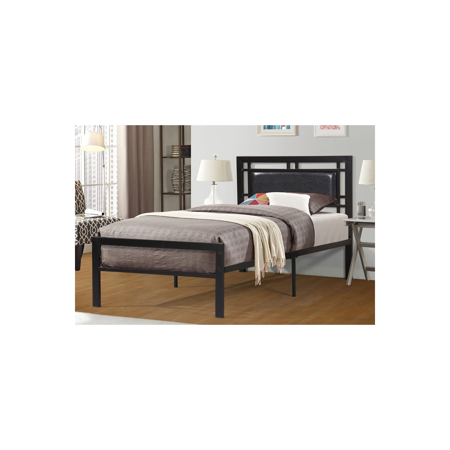 QUEENSONS Modern Platform Single Bed with Metal Frame and Leatherette Headboard, 99 cm x 191 cm, Black
