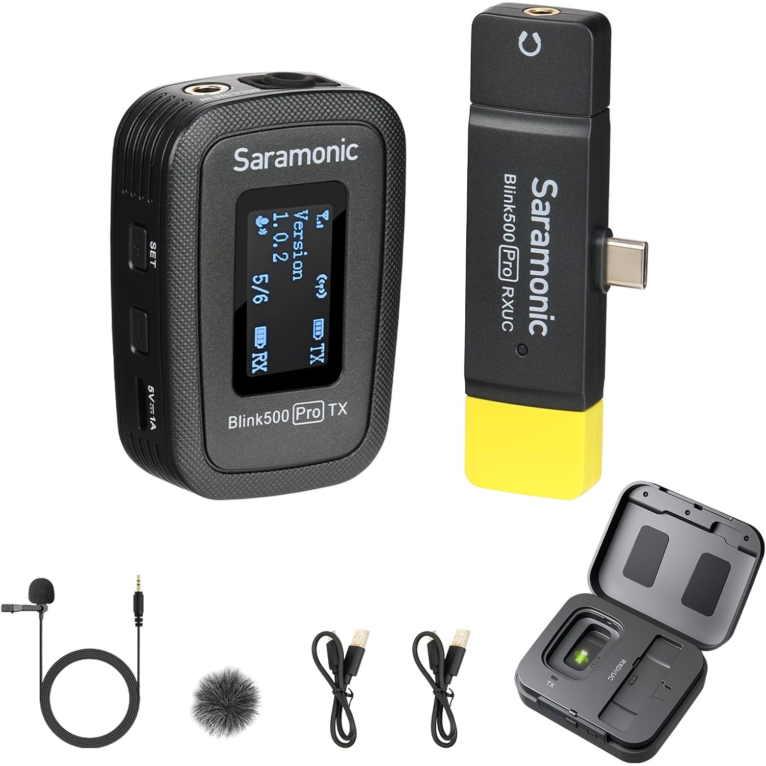 Micro-cravate sans fil à deux canaux Blink500 Pro de Saramonic avec récepteur USB-C.