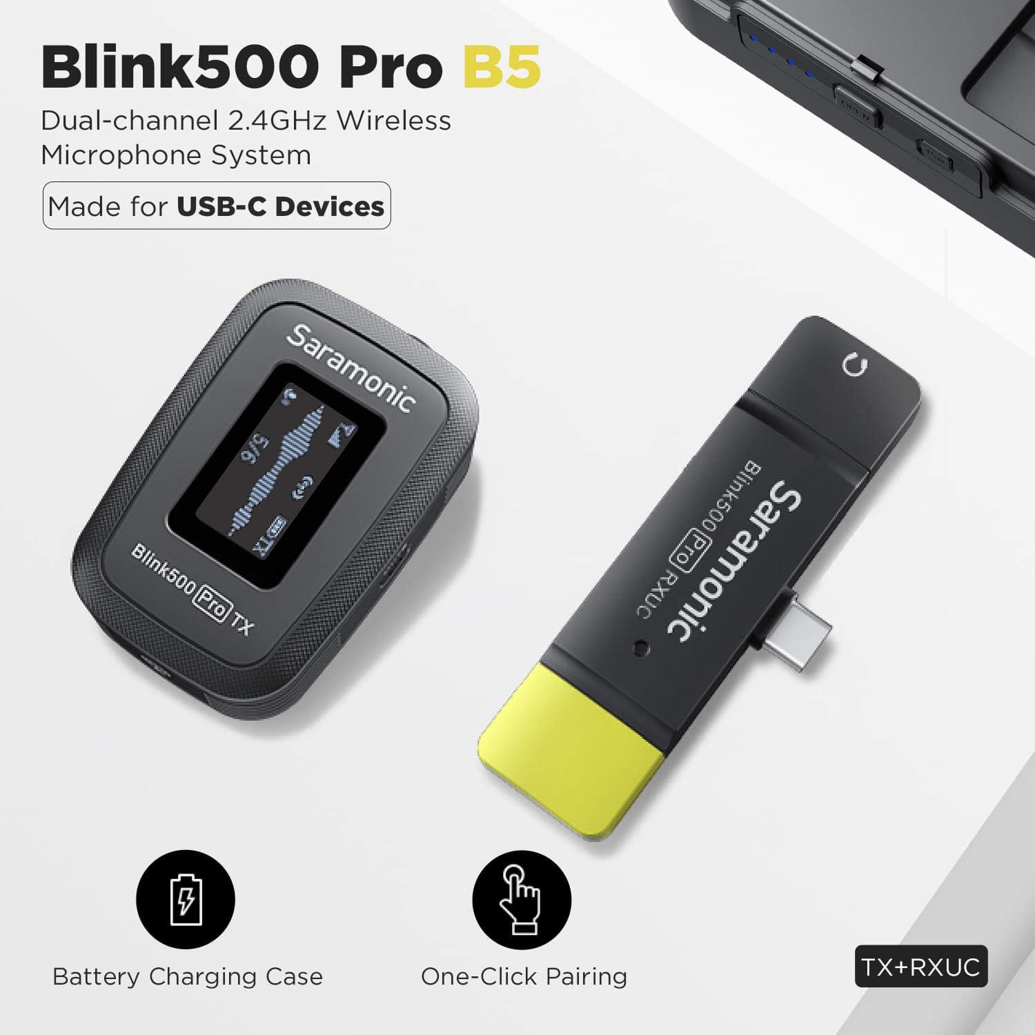 Micro-cravate sans fil à deux canaux Blink500 Pro de Saramonic avec récepteur USB-C.
