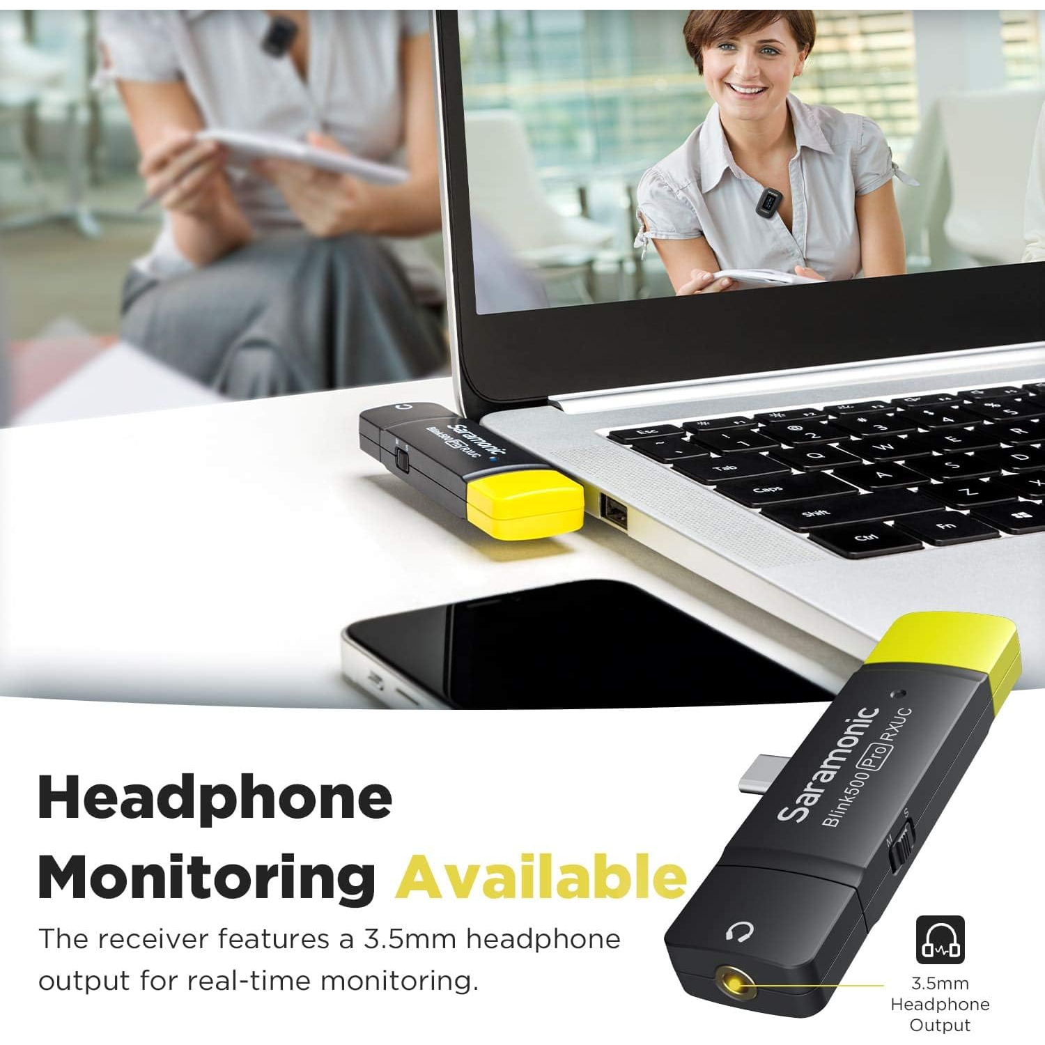 Micro-cravate sans fil à deux canaux Blink500 Pro de Saramonic avec récepteur USB-C.