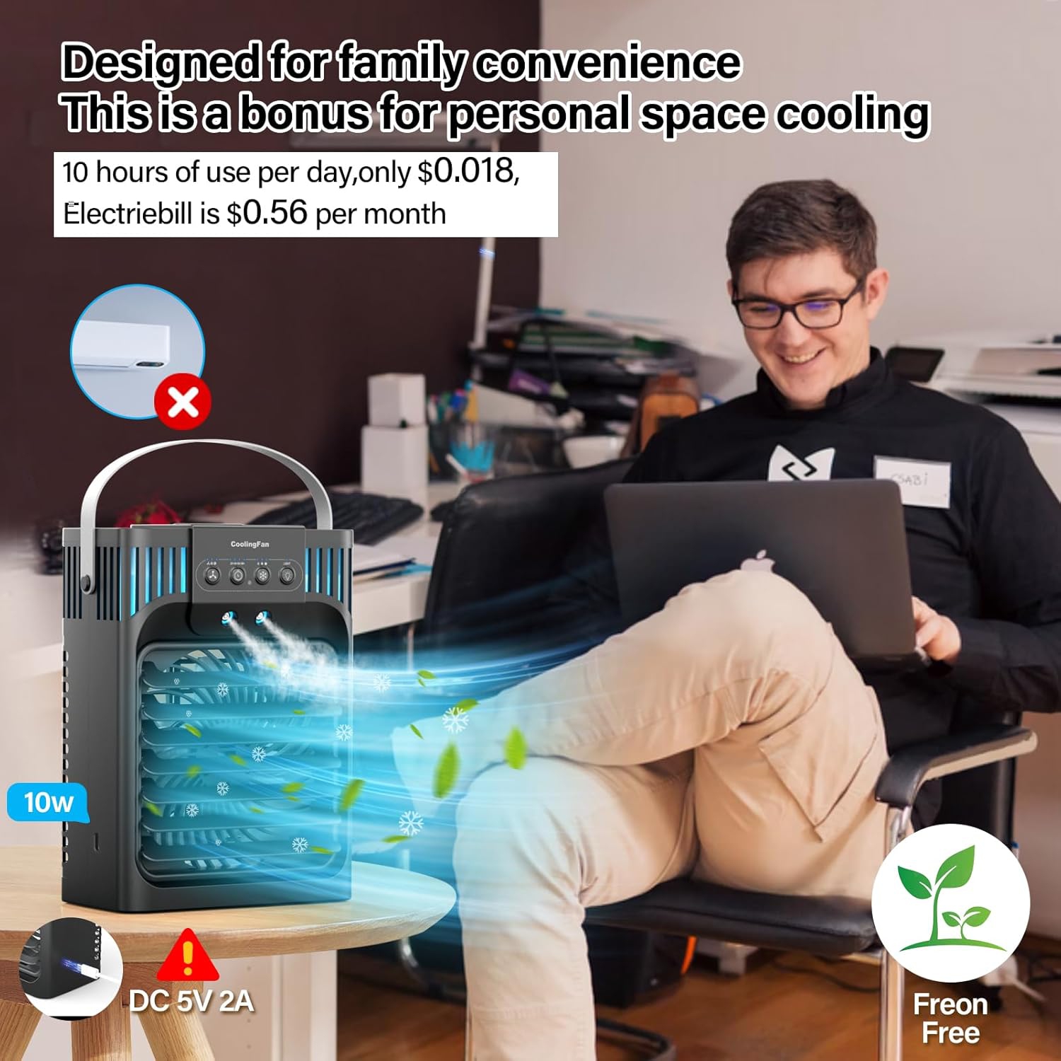 Portable Air Conditioner, LEAEYFE 3 Higher Speeds With 1200ml Extra Large Water Tank, 7 Color Lights 2/8 Hour Timer, 120° OscillatingCooling Fan For