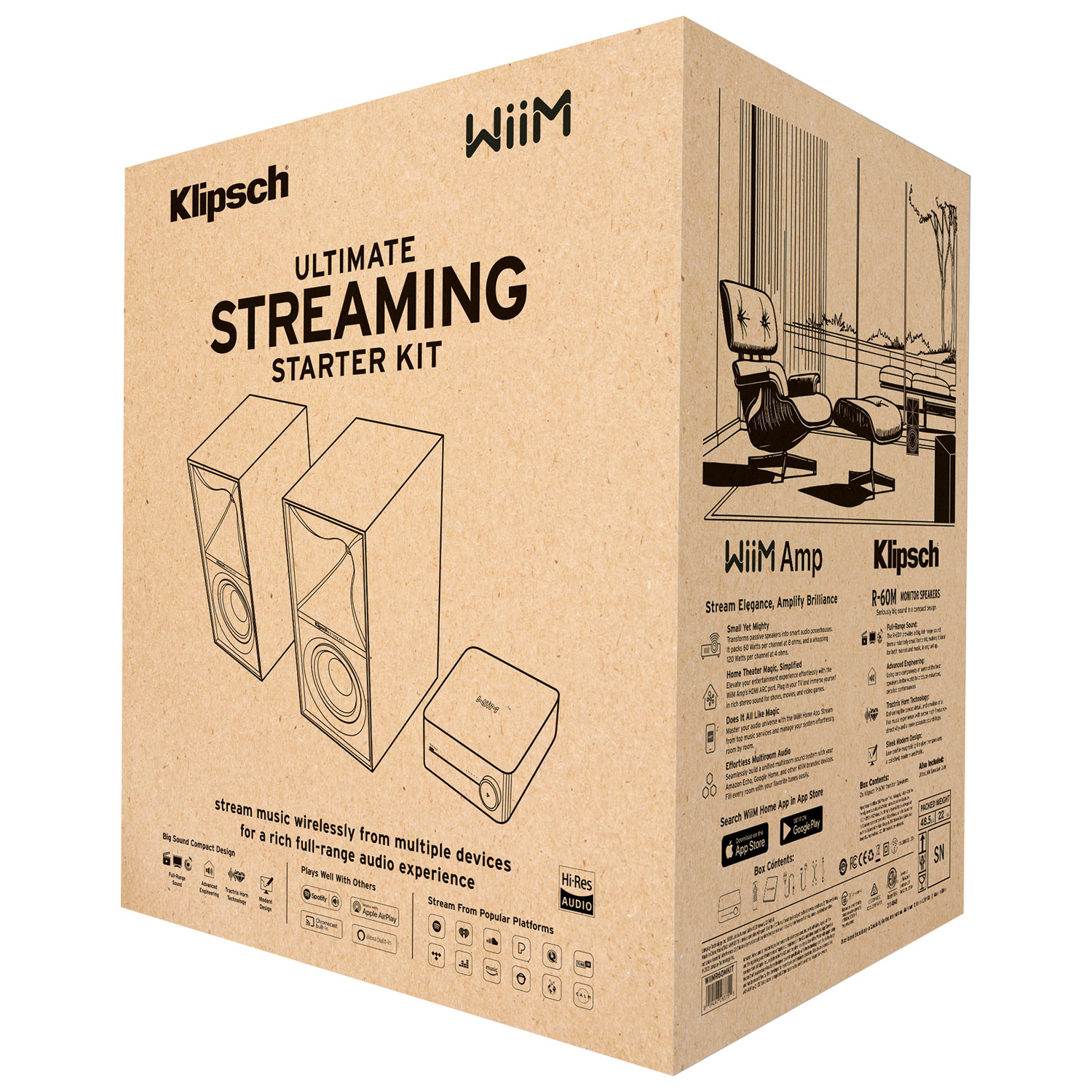 Ensemble de diffusion en continu avec deux haut-parleurs d'étagère 340 W R60M de Klipsch et amplificateur de WiiM - Noir