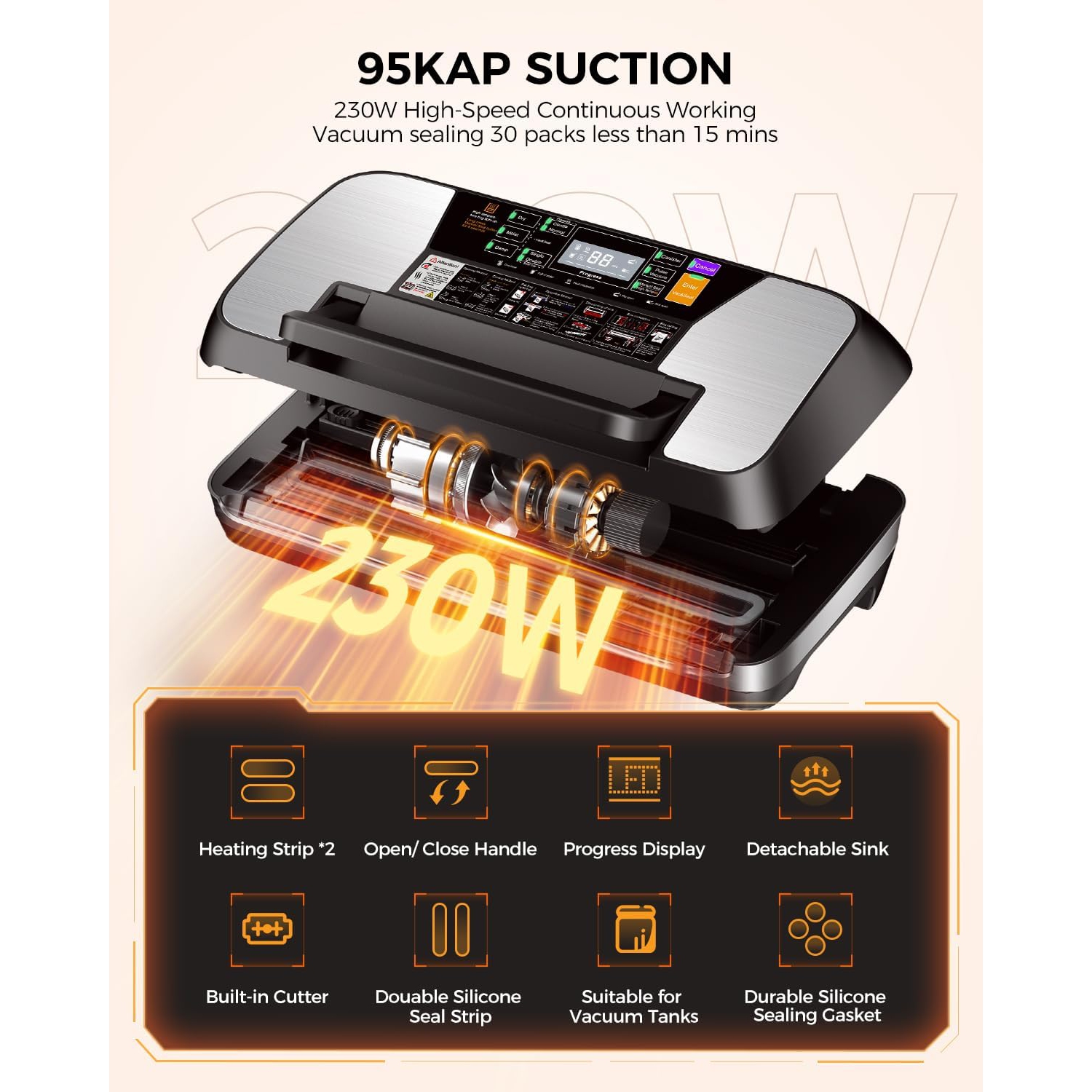 Scelleuse sous vide MZROT 95Kpa - Scelleuse automatique commerciale avec coupe-aliments, 10 sacs précoupés et tuyau pour accessoires, trousse de