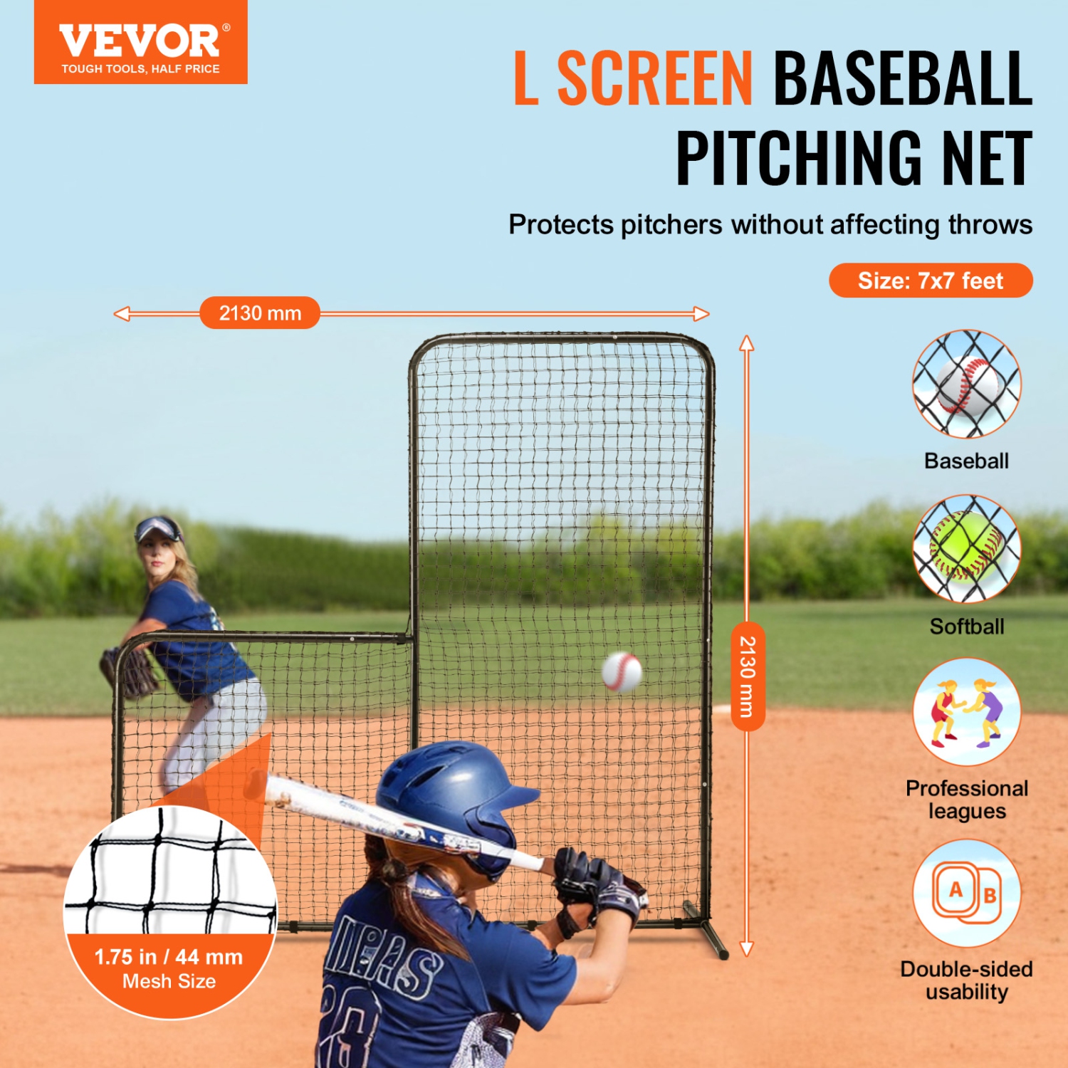 VEVOR 7x7 ft L Screen Baseball for Batting Cage, Baseball Softball Safety Screen, Body Protector Portable Batting Screen with Carry Bag & Ground