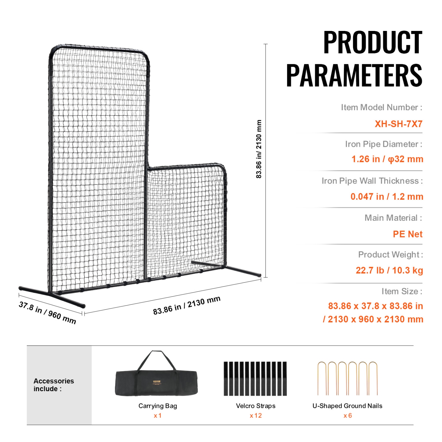 VEVOR 7x7 ft L Screen Baseball for Batting Cage, Baseball Softball Safety Screen, Body Protector Portable Batting Screen with Carry Bag & Ground