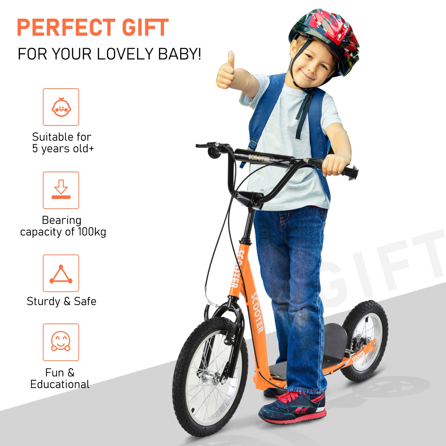 Aosom Kids Scooter for Age 5+, Youth Kick Scooter with Adjustable Handlebar, Front and Rear Dual Brakes, Inflatable Wheels, Orange