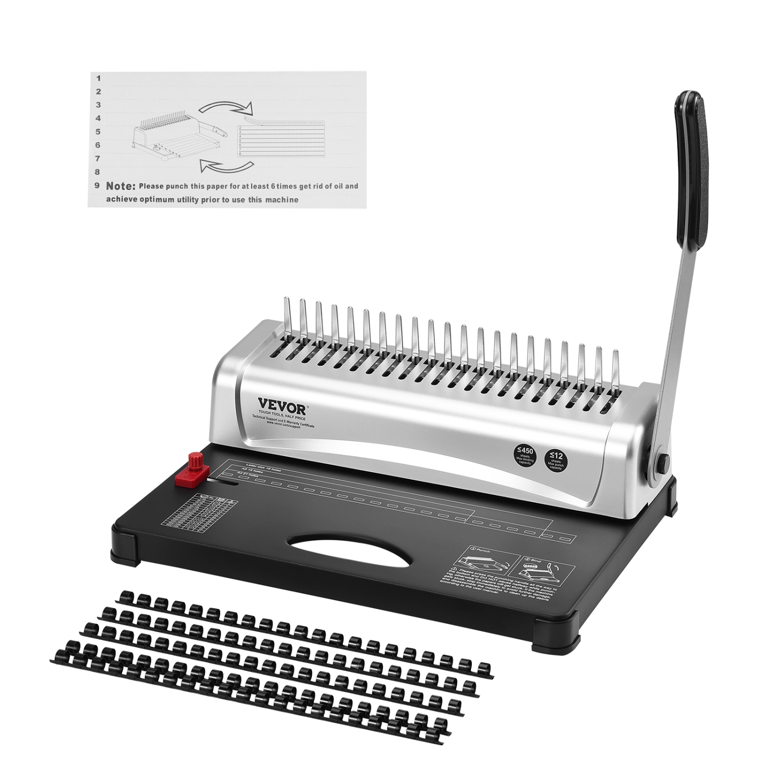 VEVOR 21-Holes Binding Machine, Comb Binding Machine Binding 450 Sheets, Book Binder Machine with 100 PCS 3/8'' Comb Binding Spines, for A4, A5