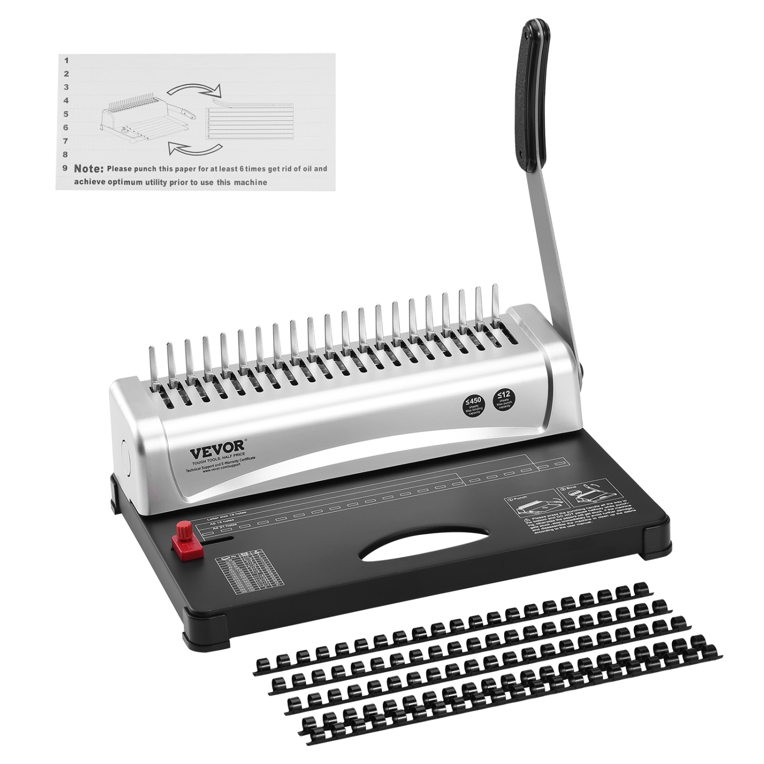 VEVOR 21-Holes Binding Machine, Comb Binding Machine Binding 450 Sheets, Book Binder Machine with 100 PCS 3/8'' Comb Binding Spines, for A4, A5