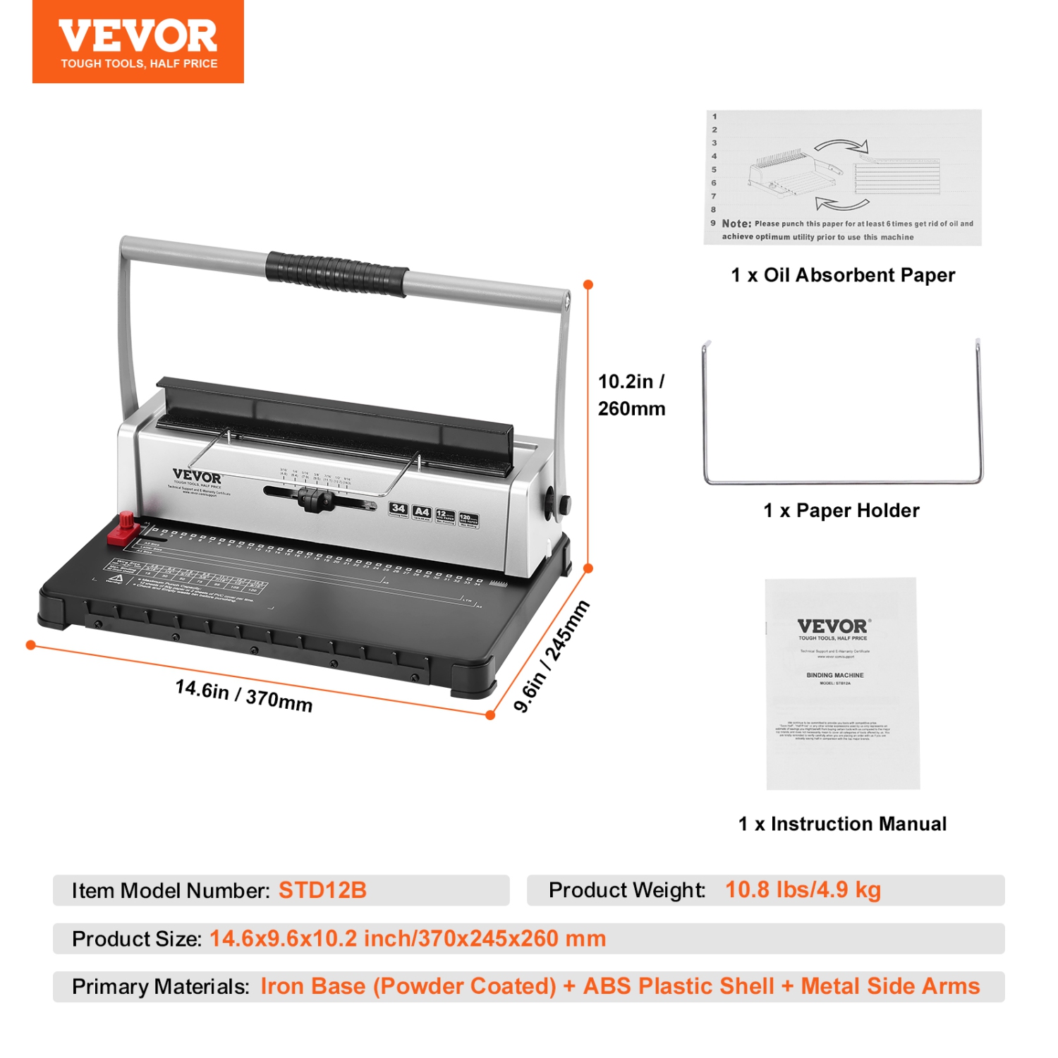 VEVOR 34-Holes Coil Spiral Binding Machine, Manual Book Maker Binding 120 Sheets, Punch Binder with Adjustable 3/16" - 9/16" Coil Binding Spines and