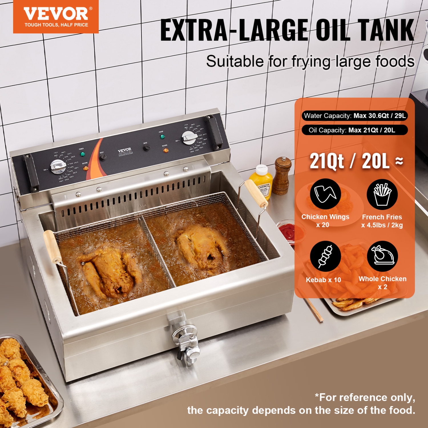 VEVOR 3000W Commercial Deep Fryer, Electric Turkey Fryer with Basket, Large Capacity 30.6Qt / 29L Countertop Single Oil Fryer, Stainless Steel, Temp