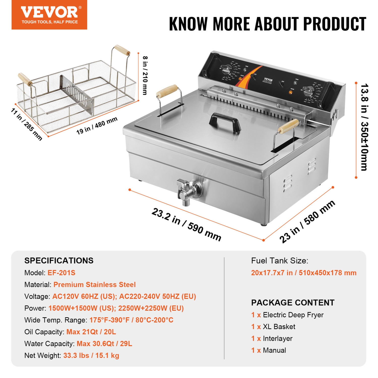 VEVOR 3000W Commercial Deep Fryer, Electric Turkey Fryer with Basket, Large Capacity 30.6Qt / 29L Countertop Single Oil Fryer, Stainless Steel, Temp