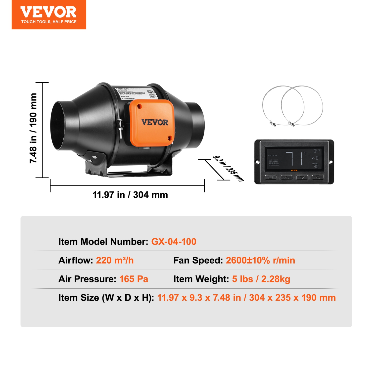 VEVOR 4-Inch Inline Duct Fan, 205 CFM with Temperature Humidity Controller, Quiet EC-motor Ventilation Exhaust Fan for Cooling Booster, Grow Tents,