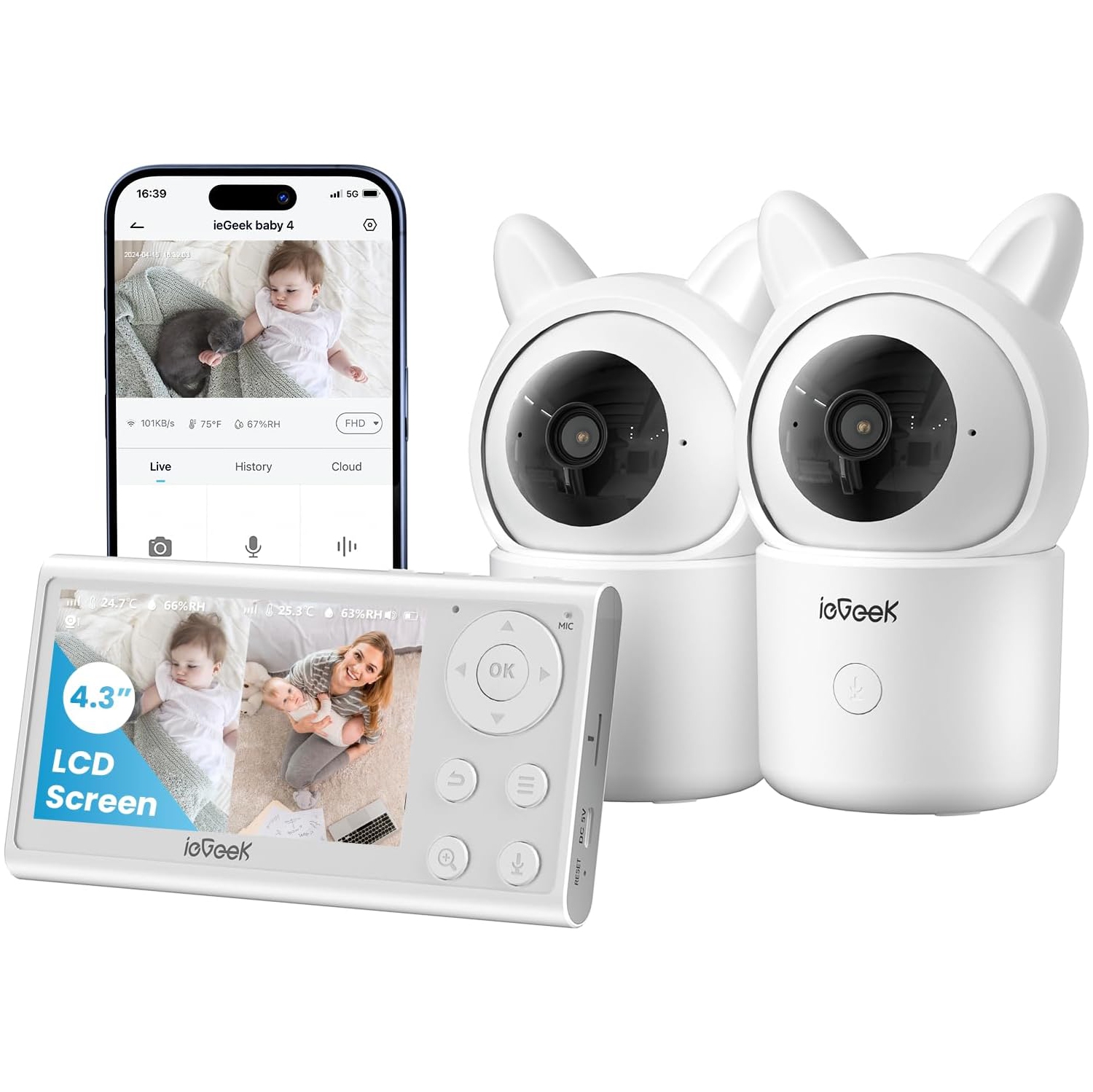 ieGeek 1080P Video Baby Monitor, 4.3" Wireless Display & 360°Auto Tracking Smart Camera, Sound & Motion Detection, Temp & Humidity Sensor,FHD Night Vision,VOX Mode White