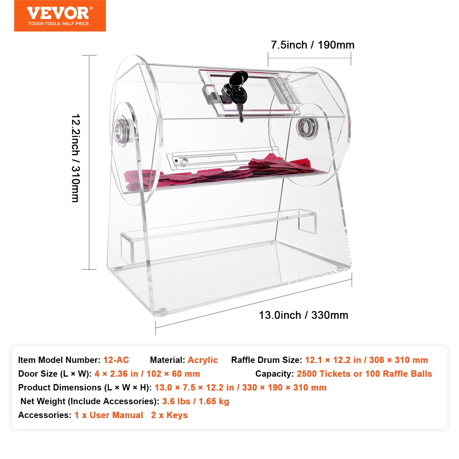 VEVOR 2 Keys Acrylic Raffle Drum, Professional Raffle Ticket Spinning Cage, Transparent Lottery Spinning Drawing, Holds 2500 Tickets or 100 Raffle