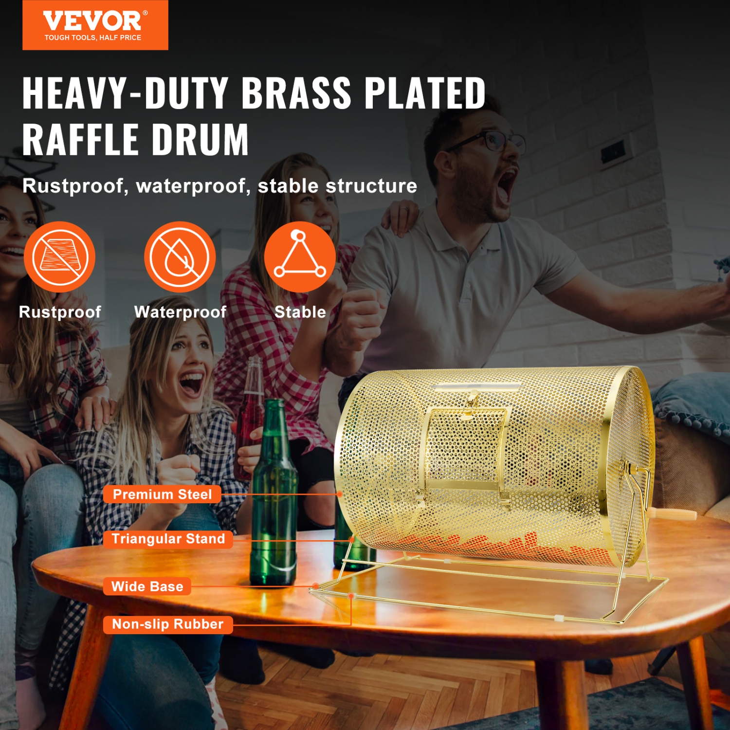 VEVOR 14.8 x Ø21.26 inch Raffle Drum,Holds 10000 Tickets or 300 Ping Pong Balls, Metal Lottery Spinning Drawing with Wooden Turning Handle, Brass