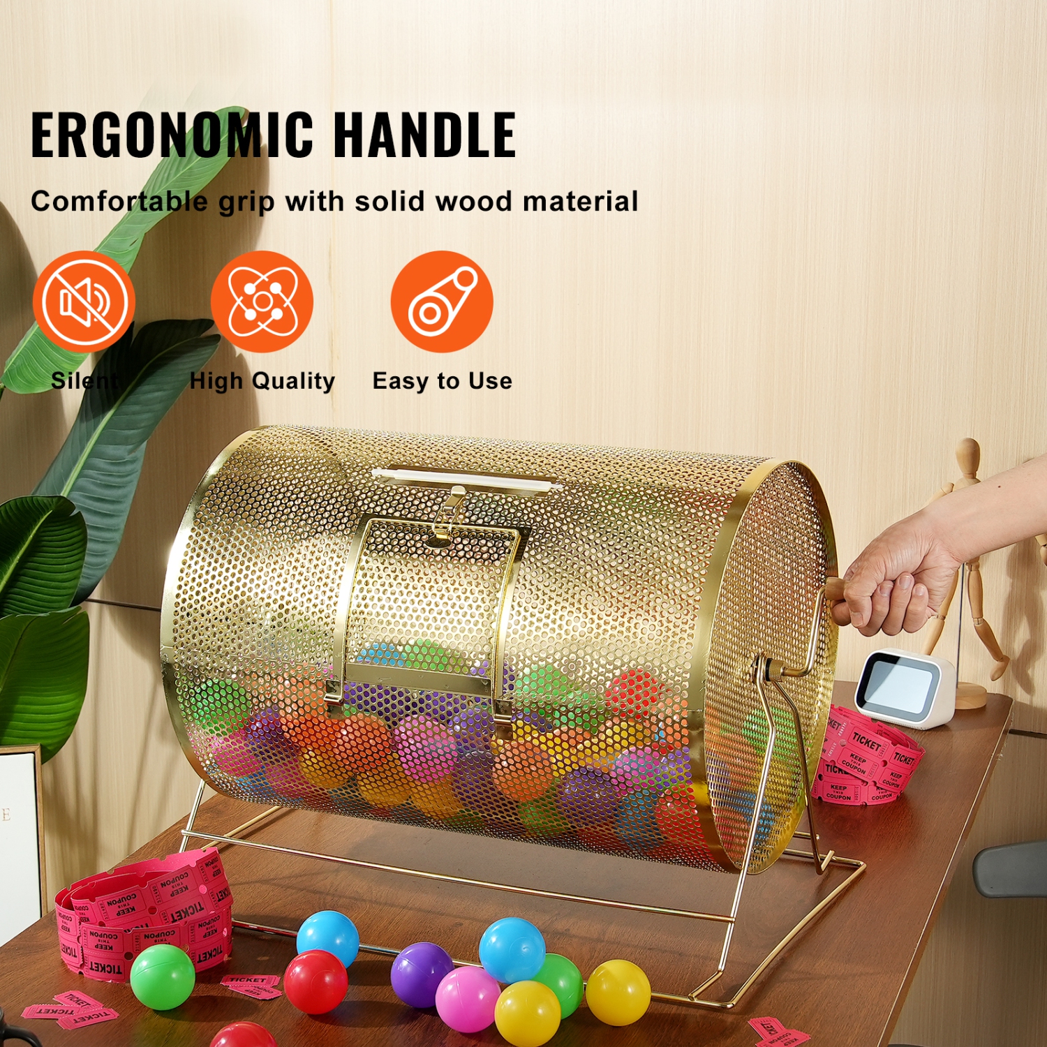 VEVOR 14.8 x Ø21.26 inch Raffle Drum,Holds 10000 Tickets or 300 Ping Pong Balls, Metal Lottery Spinning Drawing with Wooden Turning Handle, Brass