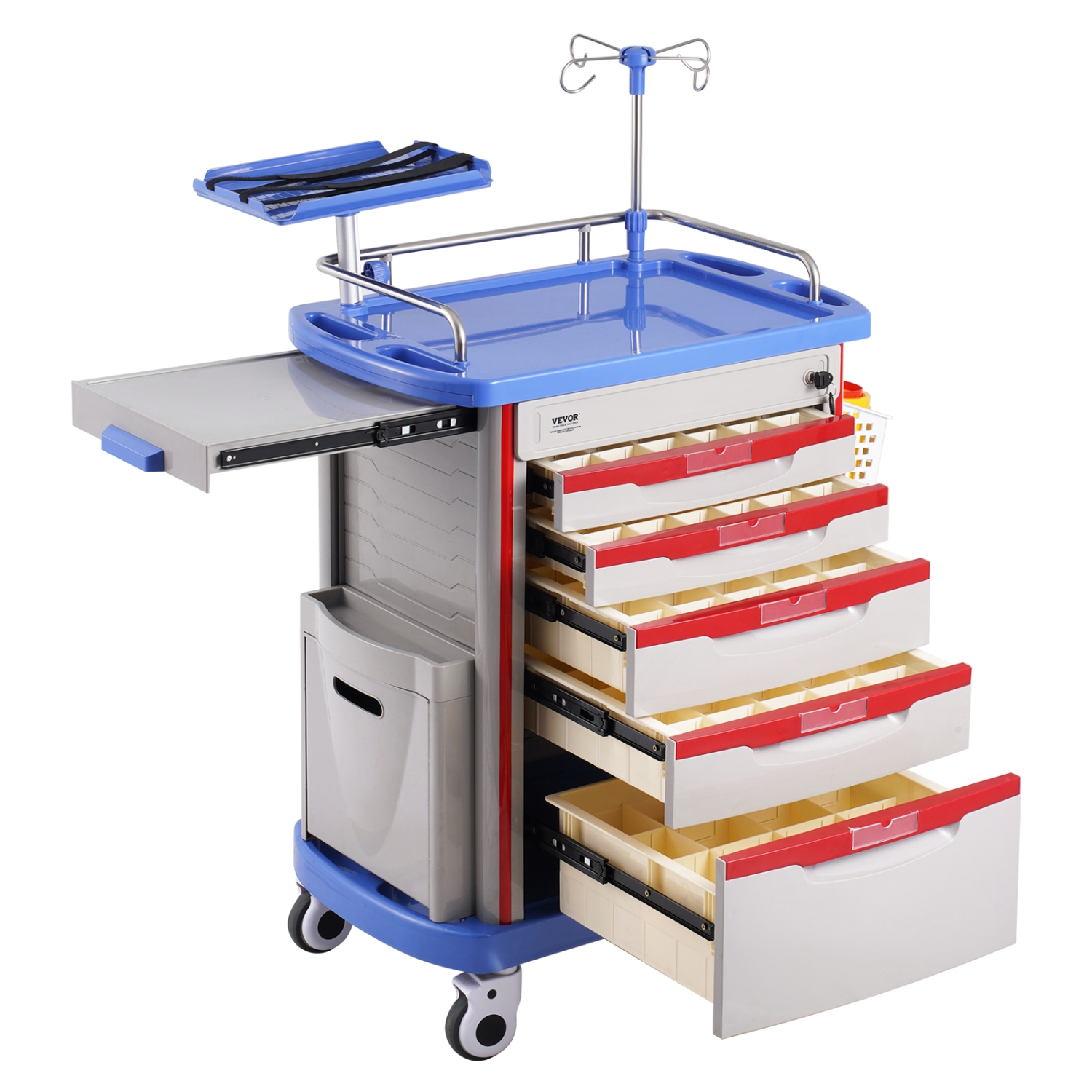VEVOR 5 Tiers Lab Carts, Lab Utility Cart with 5 Drawers & 4 Silent Wheels, Mobile Medical Cart with PP Material, Lab Rolling Cart with 2 Trash Cans