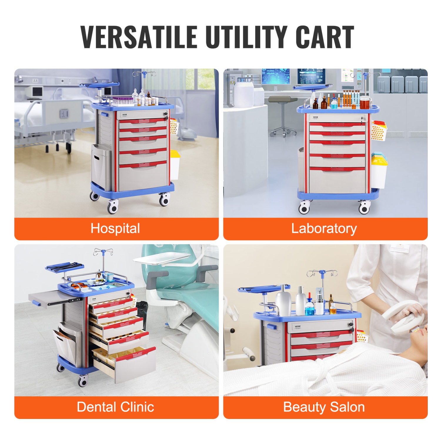 VEVOR 5 Tiers Lab Carts, Lab Utility Cart with 5 Drawers & 4 Silent Wheels, Mobile Medical Cart with PP Material, Lab Rolling Cart with 2 Trash Cans