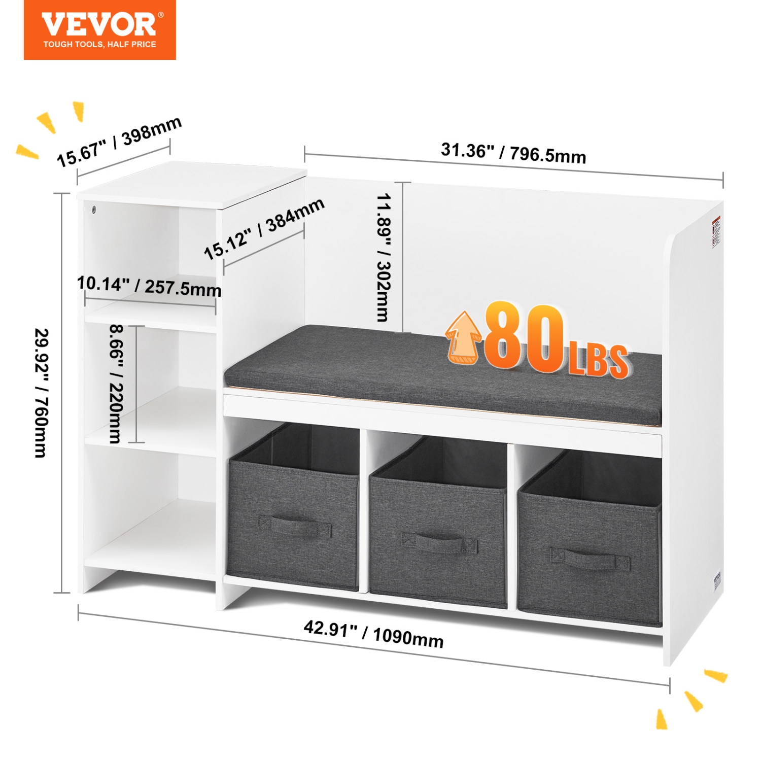 VEVOR 3 Drawers Kids Reading Nook Bench, Toddler Bookshelf and Bookcase with Detachable Seat Cushion, 6-Cubby Storage Organizer Bench, Ideal for