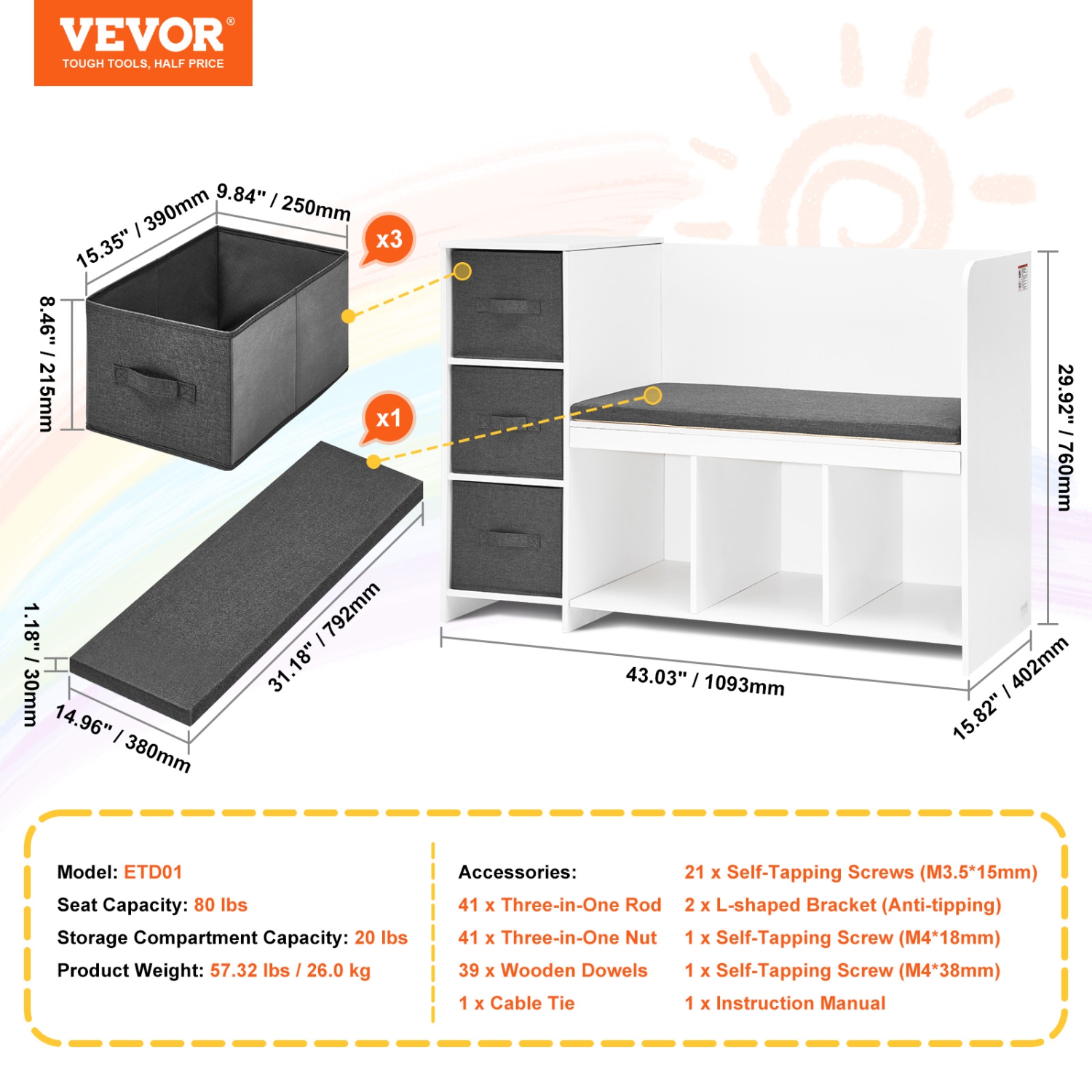 VEVOR 3 Drawers Kids Reading Nook Bench, Toddler Bookshelf and Bookcase with Detachable Seat Cushion, 6-Cubby Storage Organizer Bench, Ideal for
