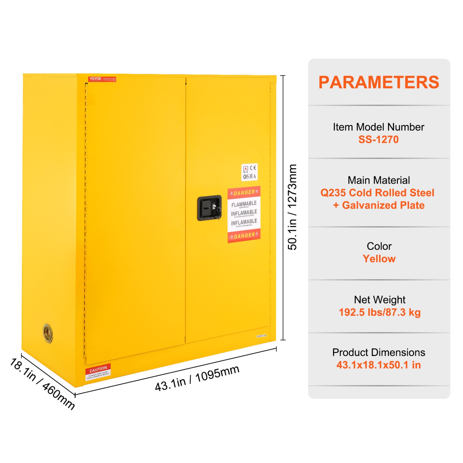 VEVOR 34 Gal Flammable Storage Cabinet, 43.1x18.1x50.1 inch Cold-Rolled Steel Flammable Liquid Storage Cabinet Explosion Proof with 1 Adjustable
