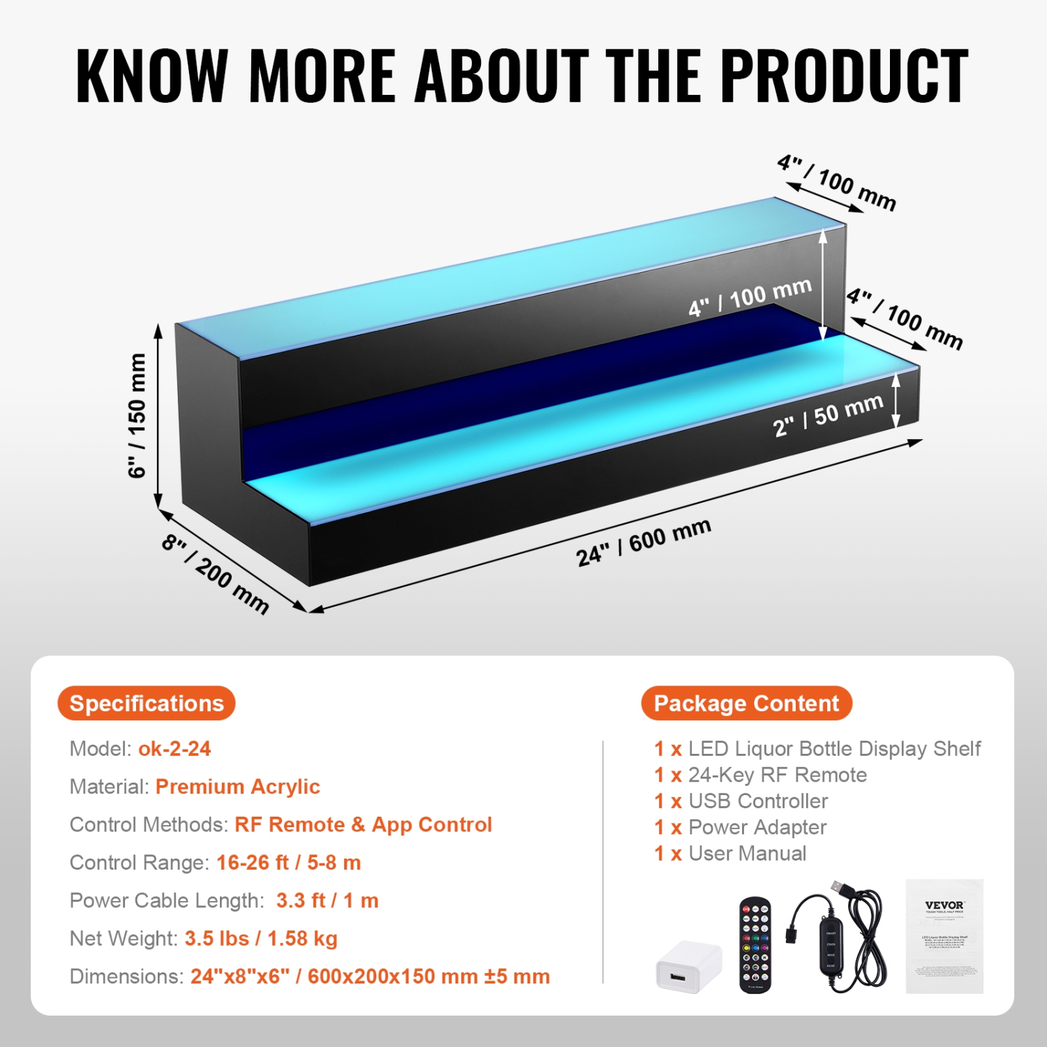 VEVOR 2 Tiers LED Lighted Liquor Bottle Display, 24 Inch Commercial Illuminated Bar Shelf, 2 Steps Acrylic Whiskey Rack Stand, with RF Remote & App