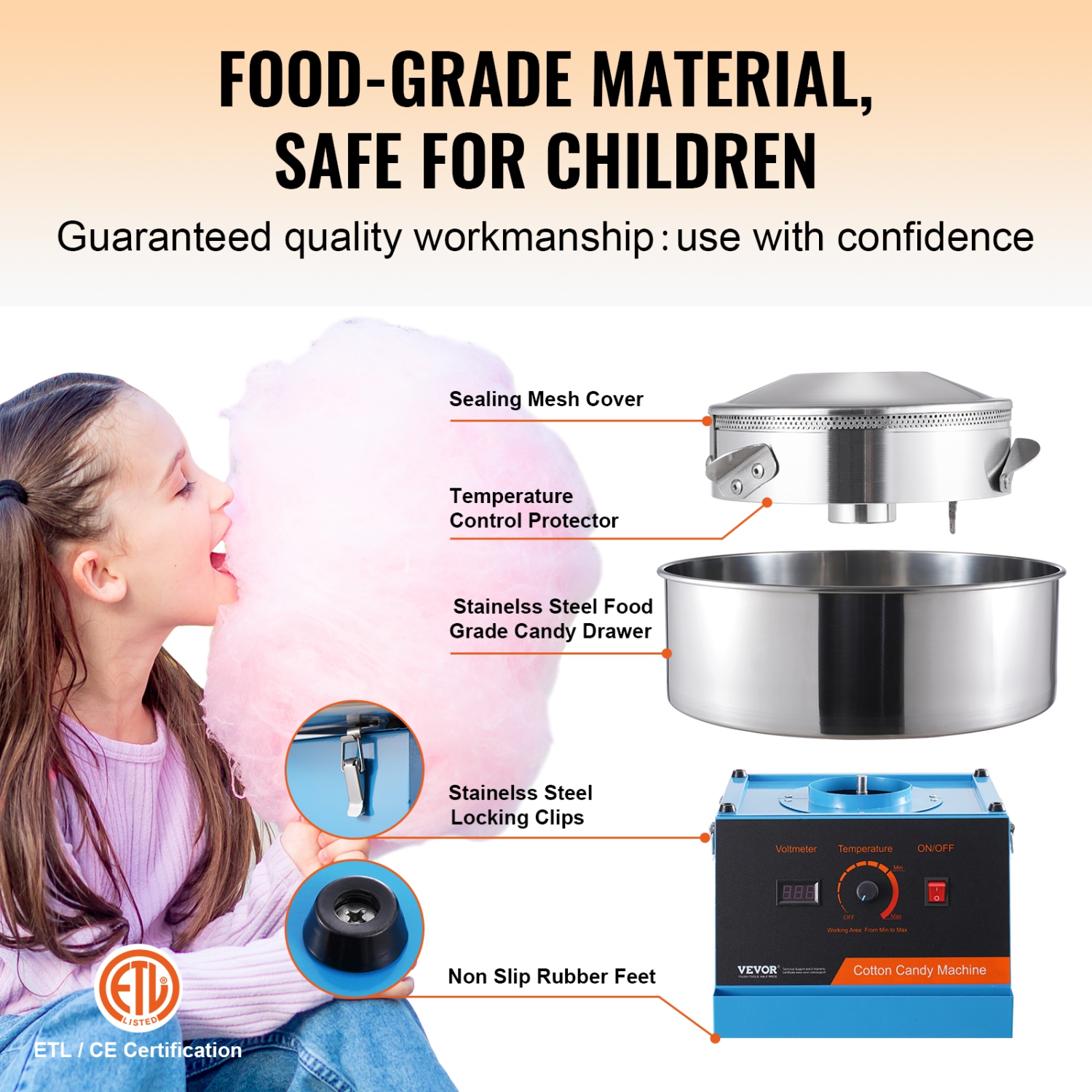 VEVOR 1000W Electric Cotton Candy Machine, Candy Floss Maker, Commercial Cotton Candy Machine with Stainless Steel Bowl, and Sugar Scoop, Perfect for