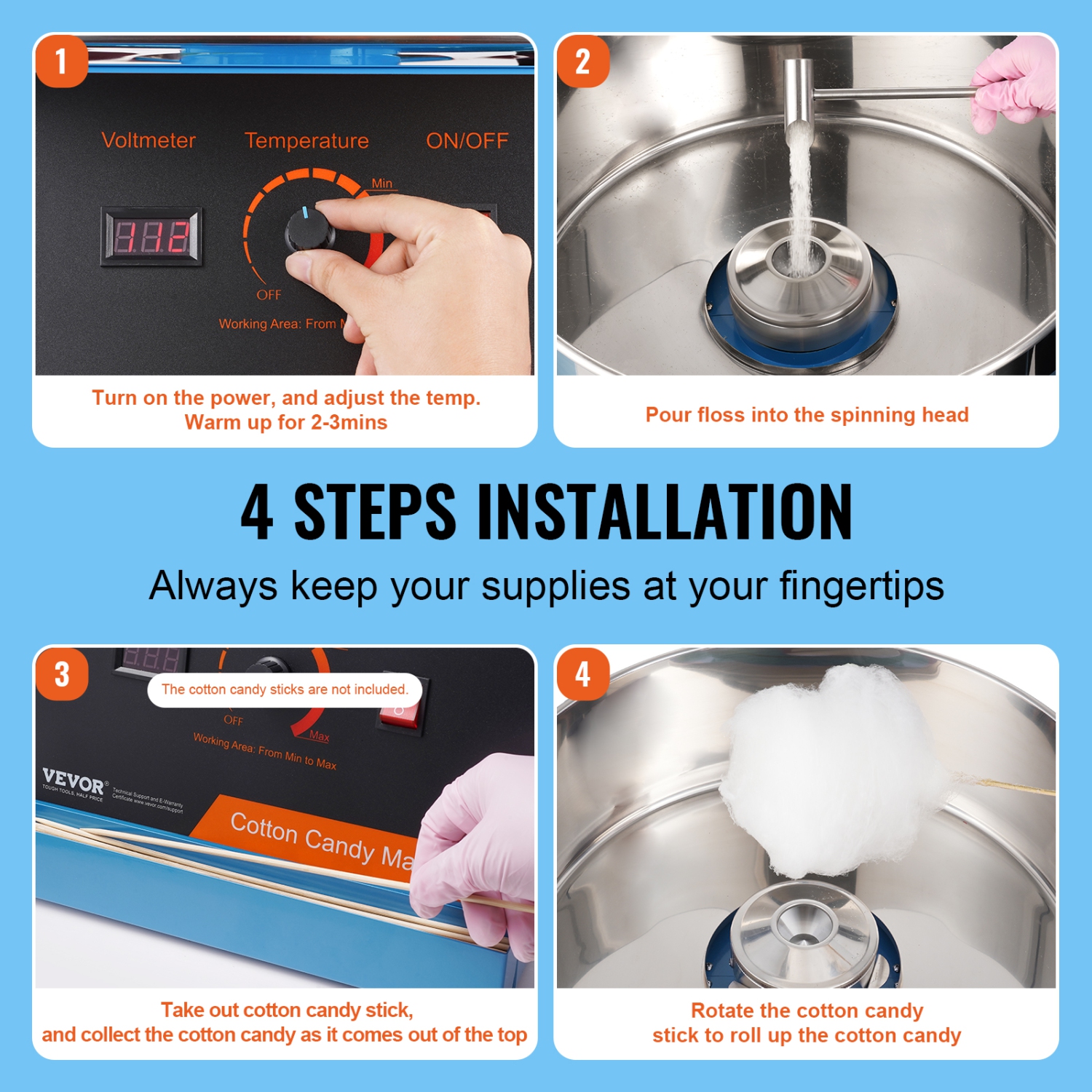 VEVOR 1000W Electric Cotton Candy Machine, Candy Floss Maker, Commercial Cotton Candy Machine with Stainless Steel Bowl, and Sugar Scoop, Perfect for