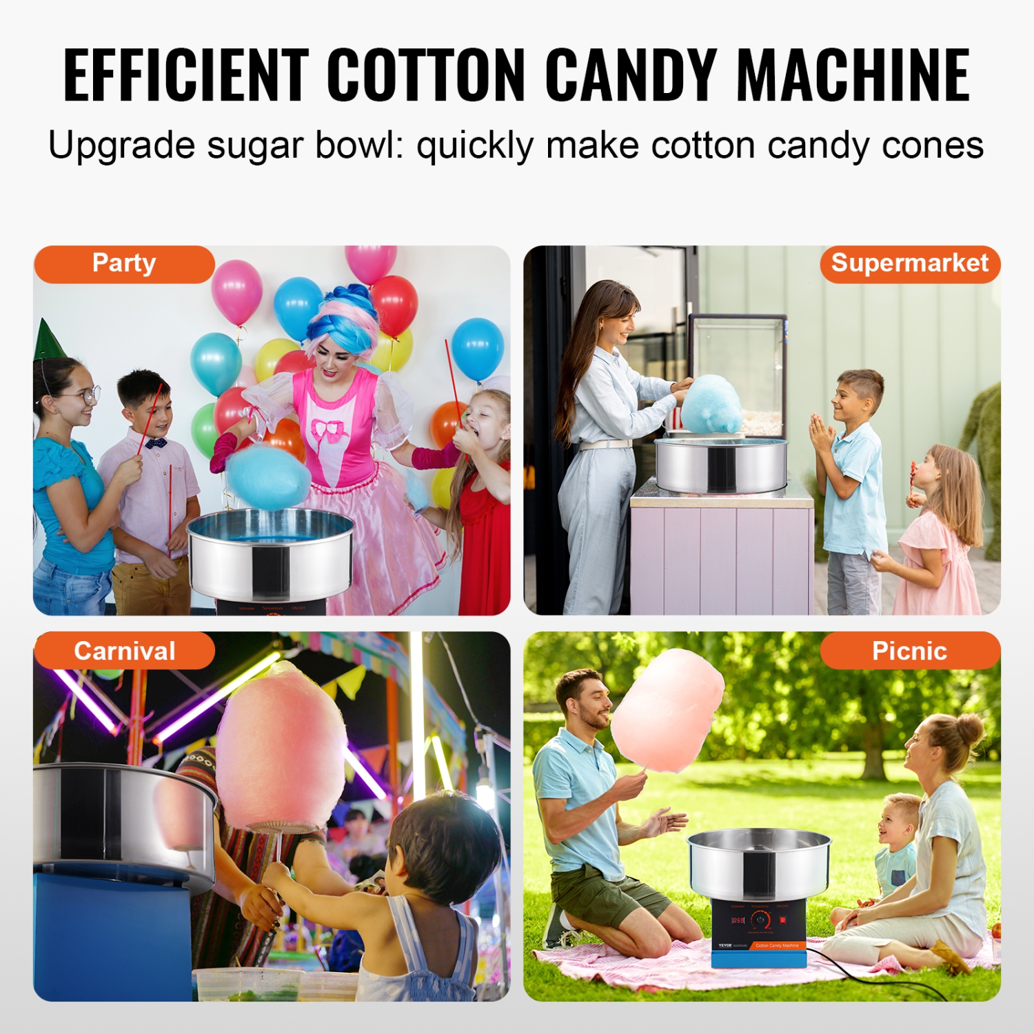VEVOR 1000W Electric Cotton Candy Machine, Candy Floss Maker, Commercial Cotton Candy Machine with Stainless Steel Bowl, and Sugar Scoop, Perfect for