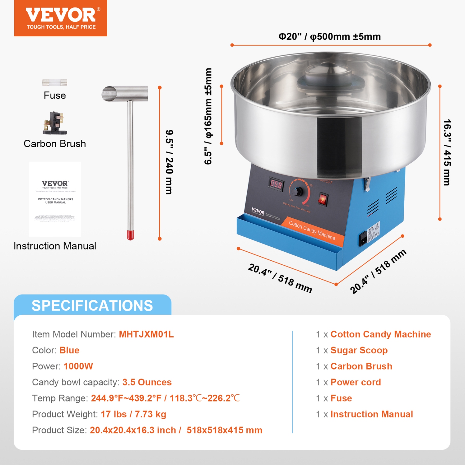 VEVOR 1000W Electric Cotton Candy Machine, Candy Floss Maker, Commercial Cotton Candy Machine with Stainless Steel Bowl, and Sugar Scoop, Perfect for