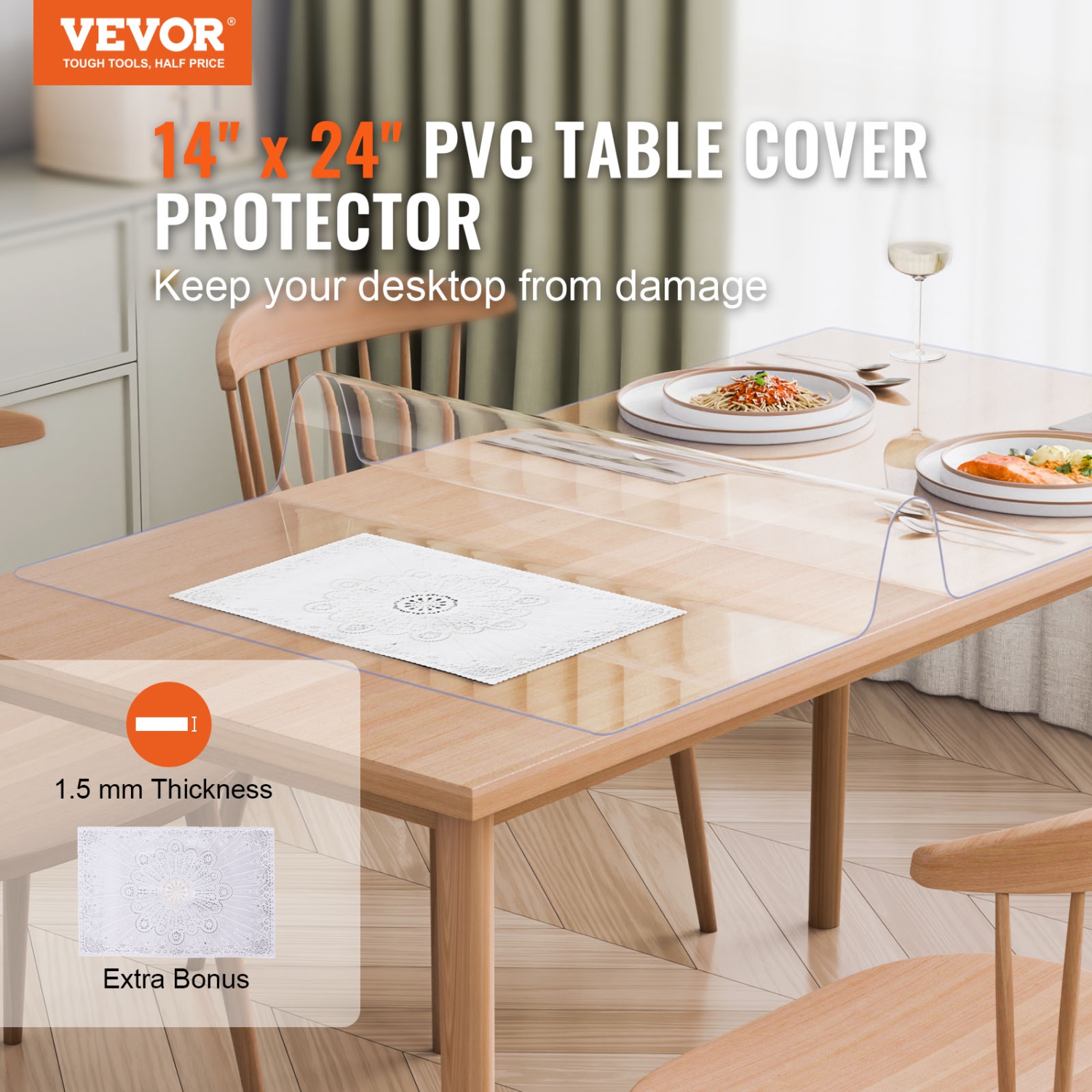 VEVOR 14 x 24 Inch Plastic Table Cover, 1.5 mm Thick Clear Table Protector, Rectangle PVC Desk Mat, Waterproof & Easy Cleaning Desk Pad Tablecloth,