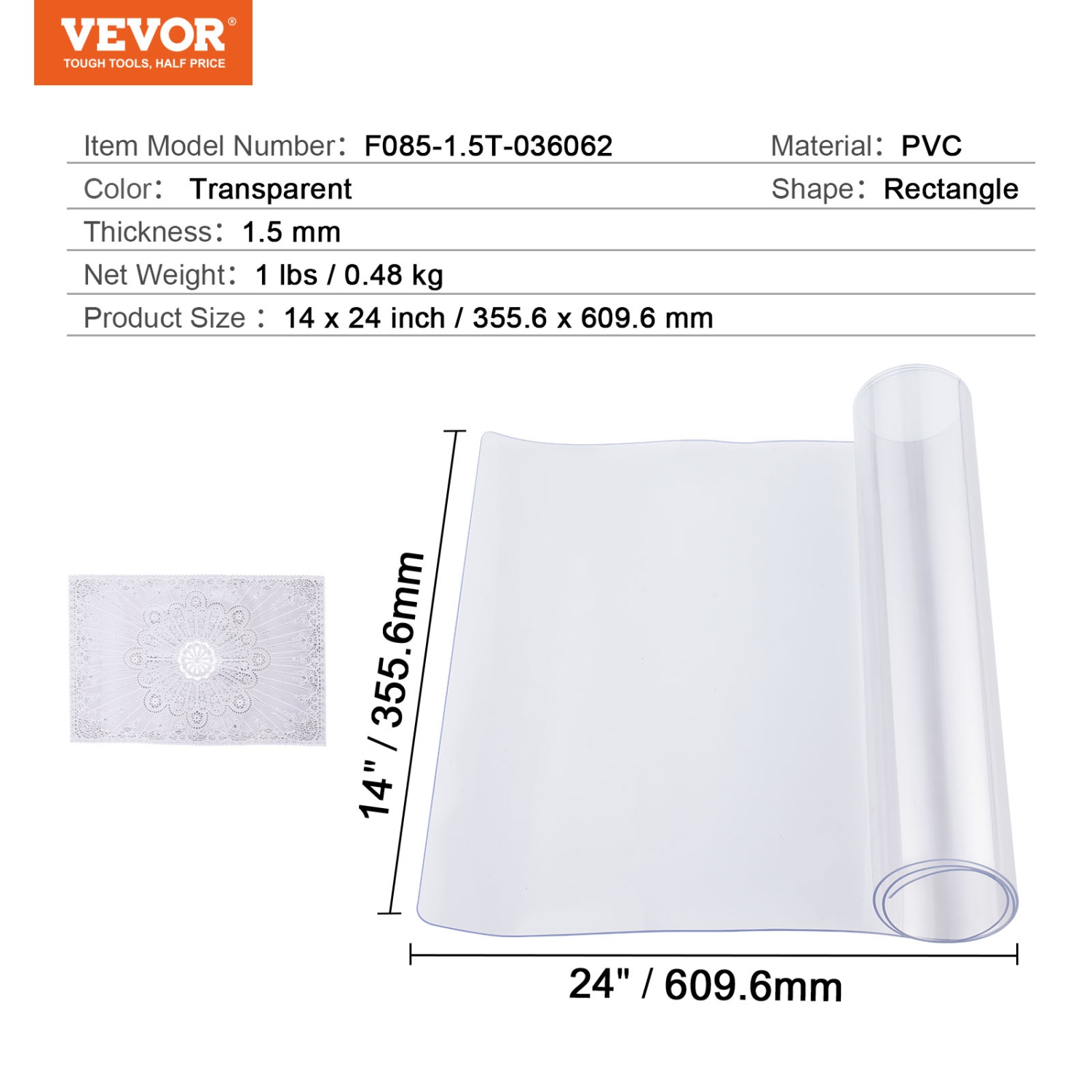 VEVOR 14 x 24 Inch Plastic Table Cover, 1.5 mm Thick Clear Table Protector, Rectangle PVC Desk Mat, Waterproof & Easy Cleaning Desk Pad Tablecloth,