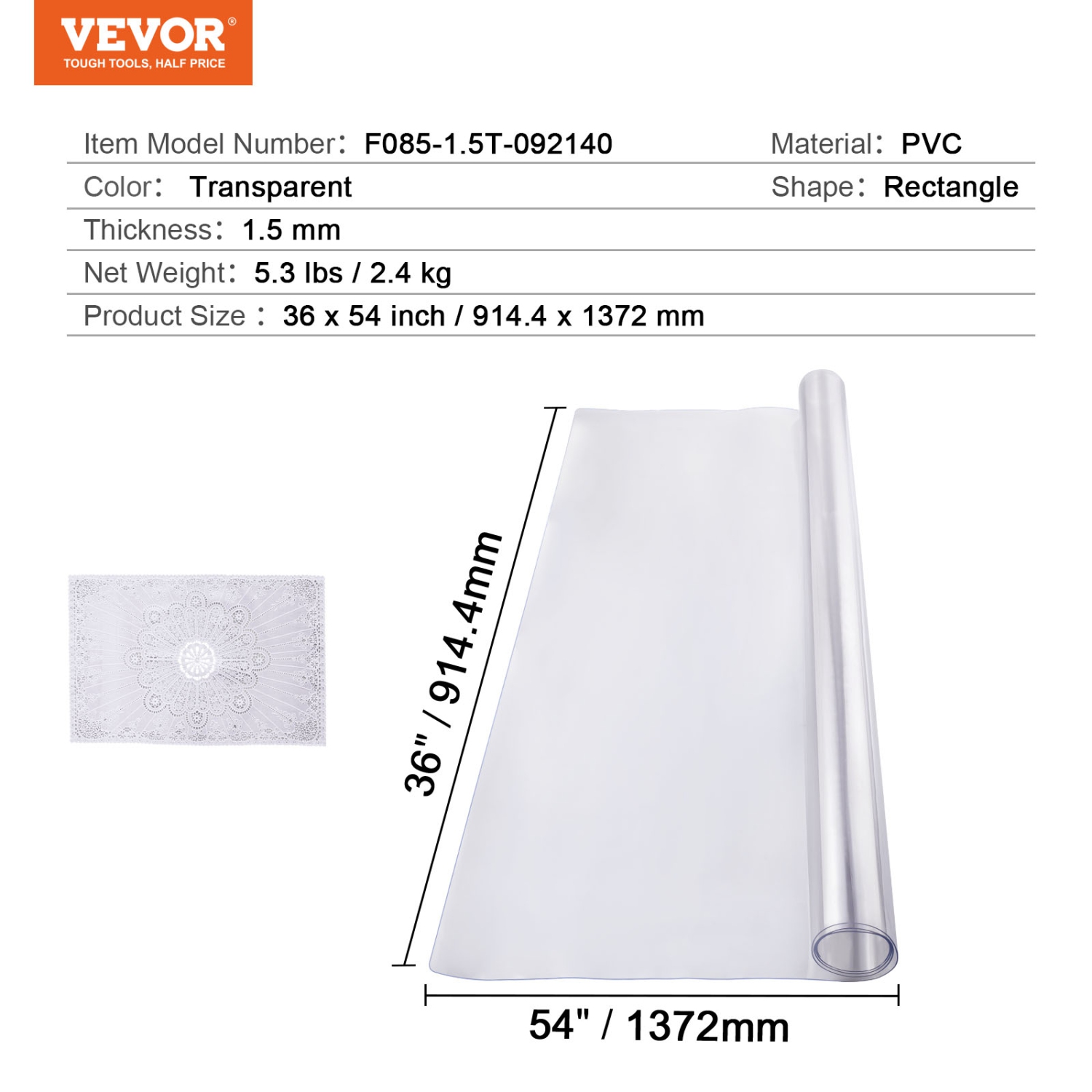 VEVOR 36 x 54 Inch Plastic Table Cover, 1.5 mm Thick Clear Table Protector, Rectangle PVC Desk Mat, Waterproof & Easy Cleaning Desk Pad Tablecloth,