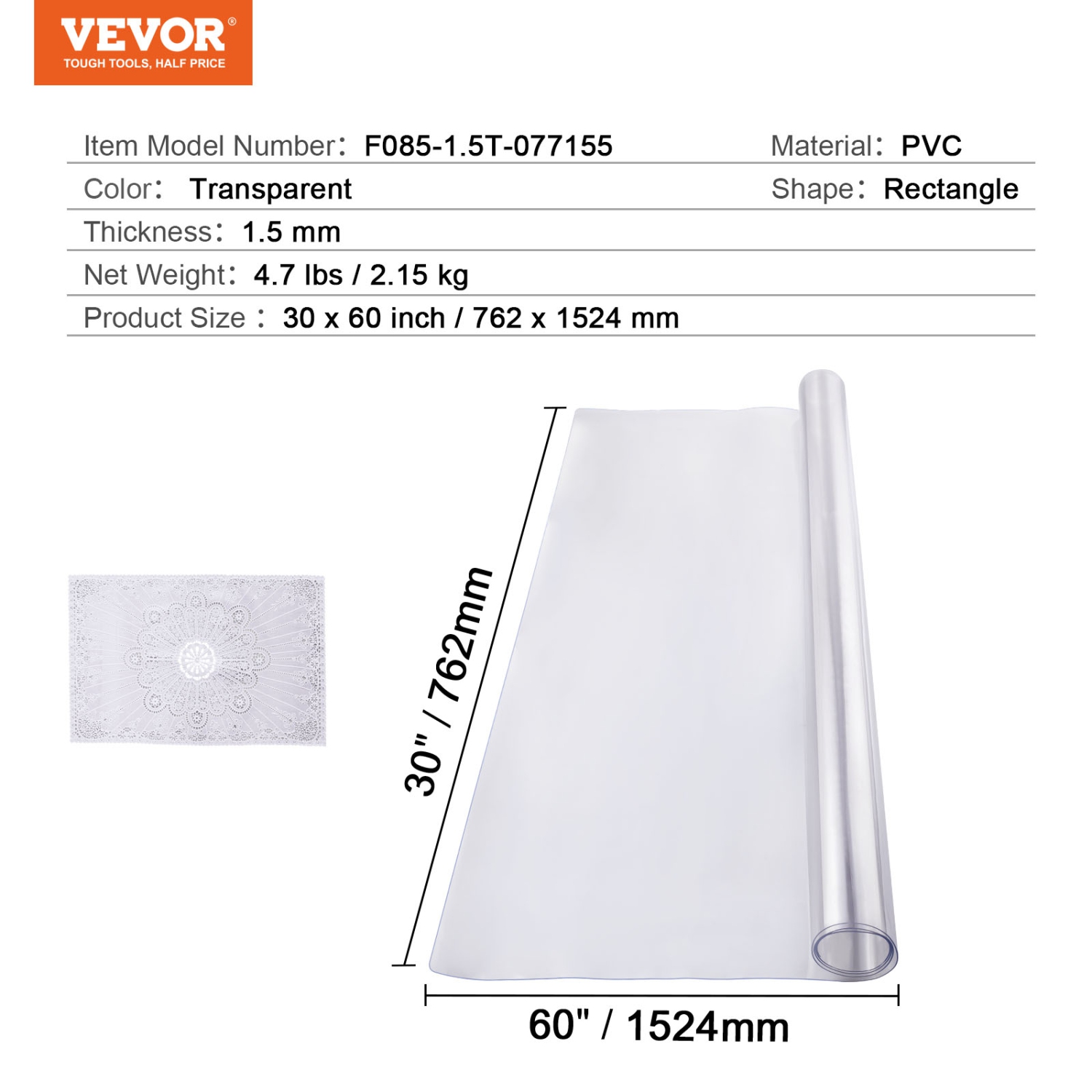 VEVOR 30 x 60 Inch Plastic Table Cover, 1.5 mm Thick Clear Table Protector, Rectangle PVC Desk Mat, Waterproof & Easy Cleaning Desk Pad Tablecloth,