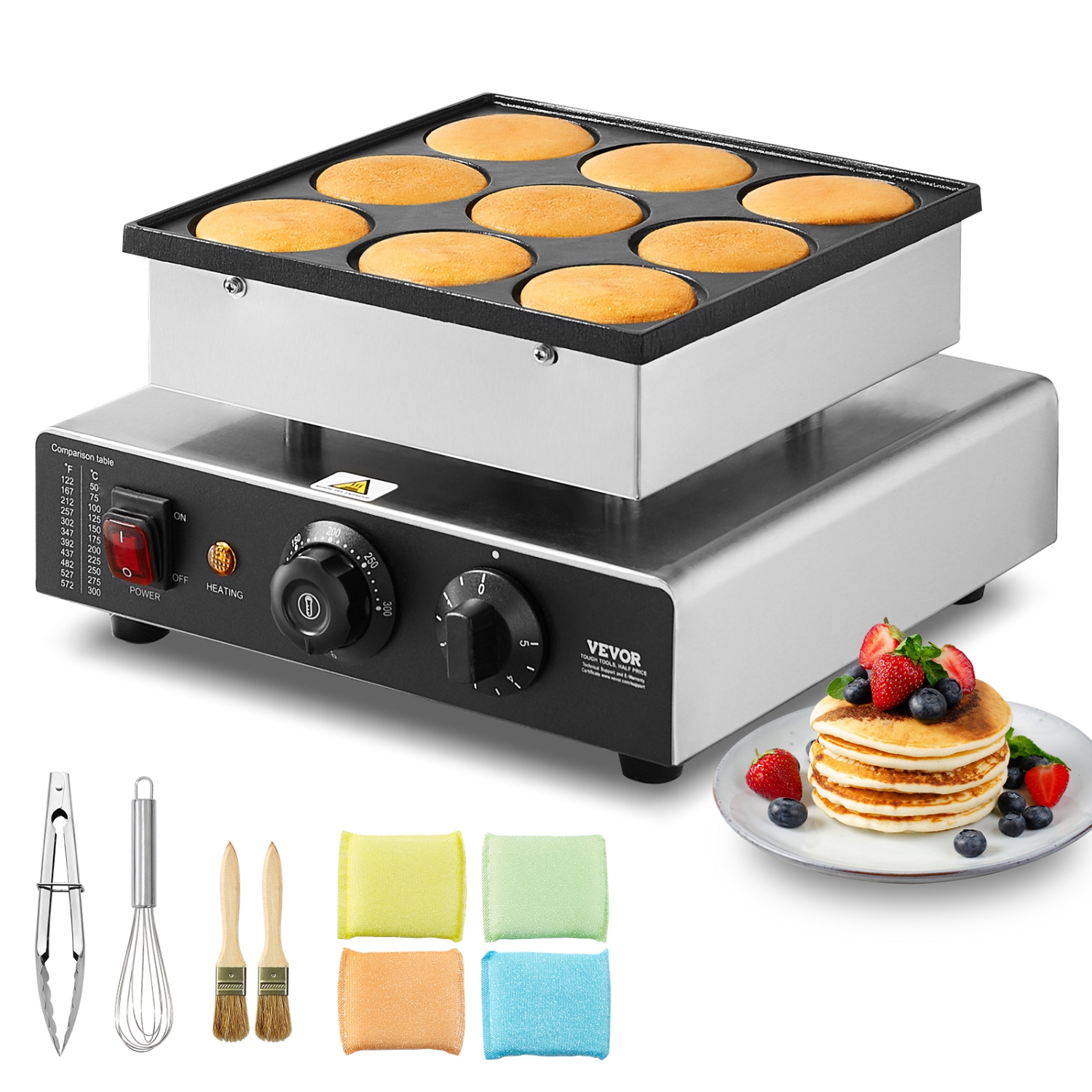 VEVOR 9PCS Dutch Pancake Maker, 76mm Diameter Dorayaki Baker Machine, 850W Commercial Electric Poffertjes Grill, Non-stick Stainless Steel, Temp &