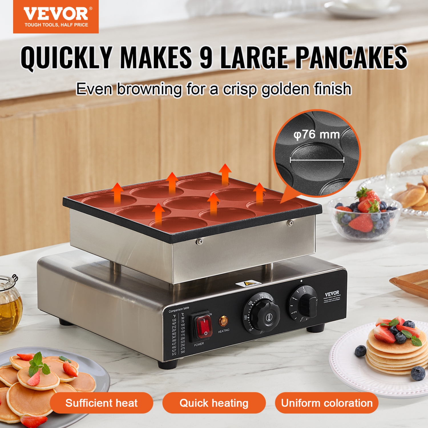 VEVOR 9PCS Dutch Pancake Maker, 76mm Diameter Dorayaki Baker Machine, 850W Commercial Electric Poffertjes Grill, Non-stick Stainless Steel, Temp &