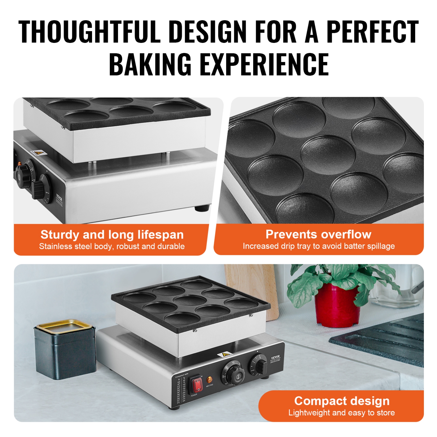 VEVOR 9PCS Dutch Pancake Maker, 76mm Diameter Dorayaki Baker Machine, 850W Commercial Electric Poffertjes Grill, Non-stick Stainless Steel, Temp &
