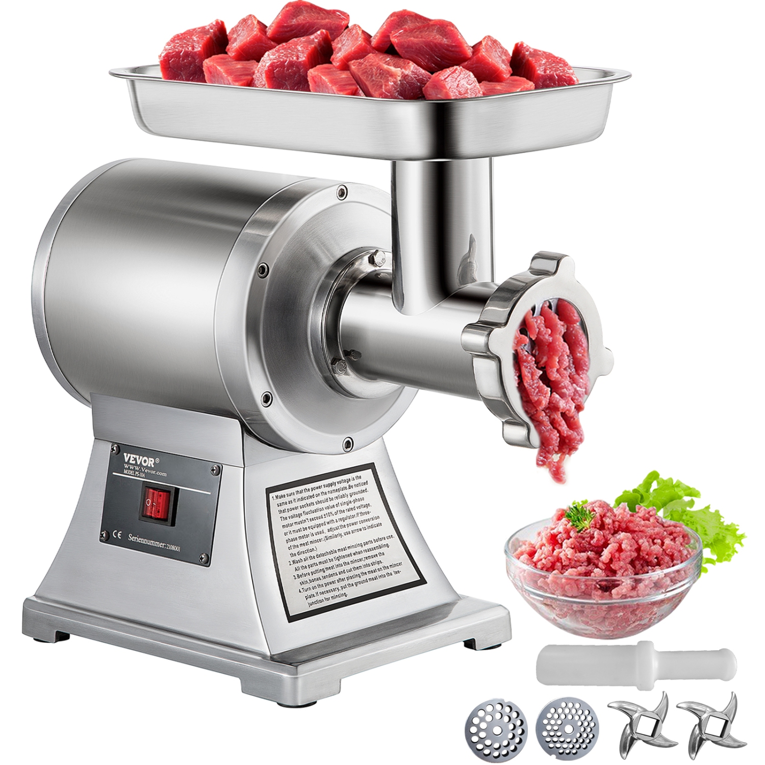 VEVOR Heavy Duty Meat Grinder Electric Meat Grinder with 1100W Max with Sausage Stuffer, Kubbe Kit, Vegetable Slicer & Shredder, Cheese Grater Home