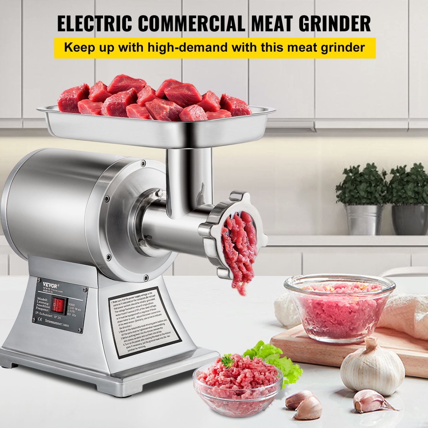 VEVOR Heavy Duty Meat Grinder Electric Meat Grinder with 1100W Max with Sausage Stuffer, Kubbe Kit, Vegetable Slicer & Shredder, Cheese Grater Home