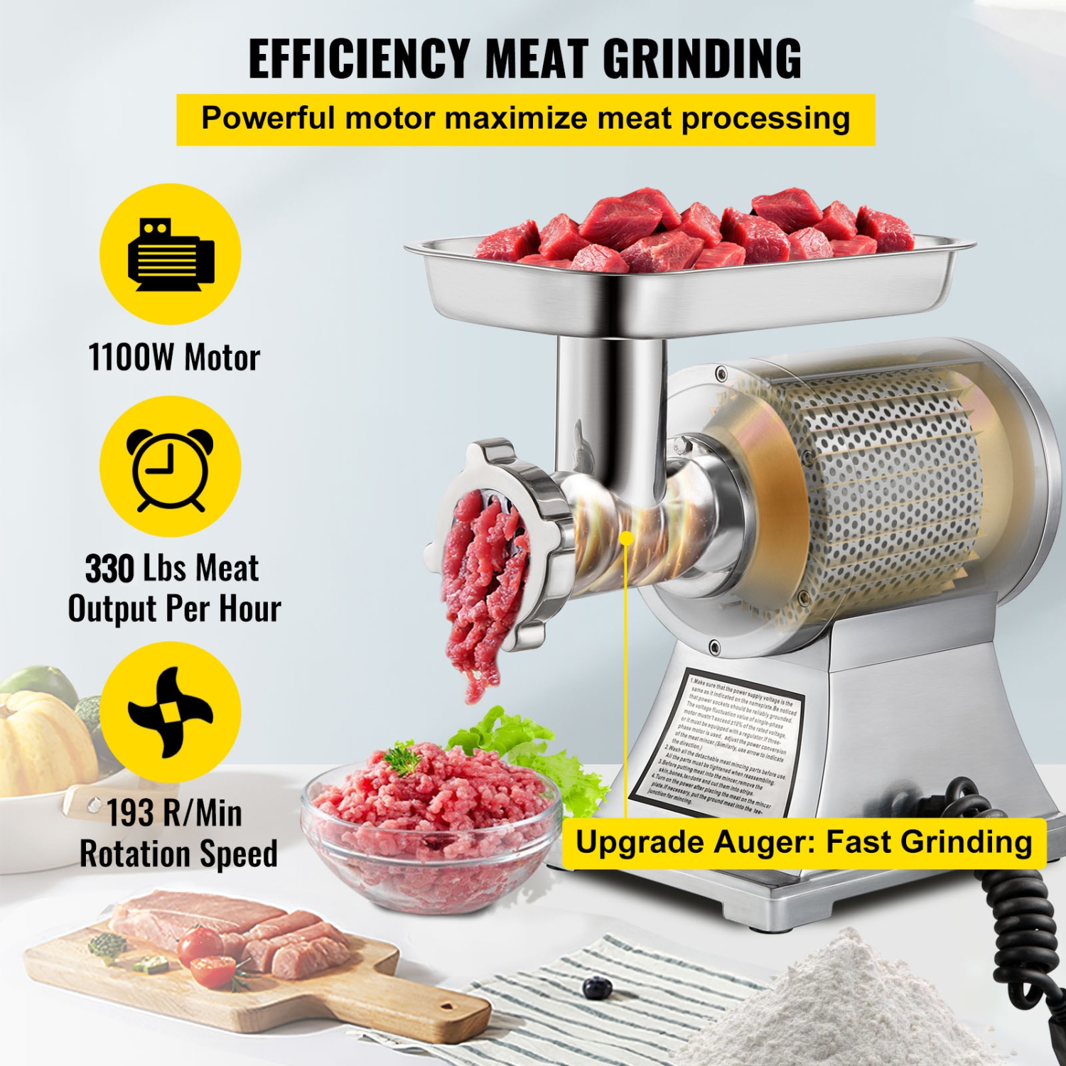 VEVOR Heavy Duty Meat Grinder Electric Meat Grinder with 1100W Max with Sausage Stuffer, Kubbe Kit, Vegetable Slicer & Shredder, Cheese Grater Home