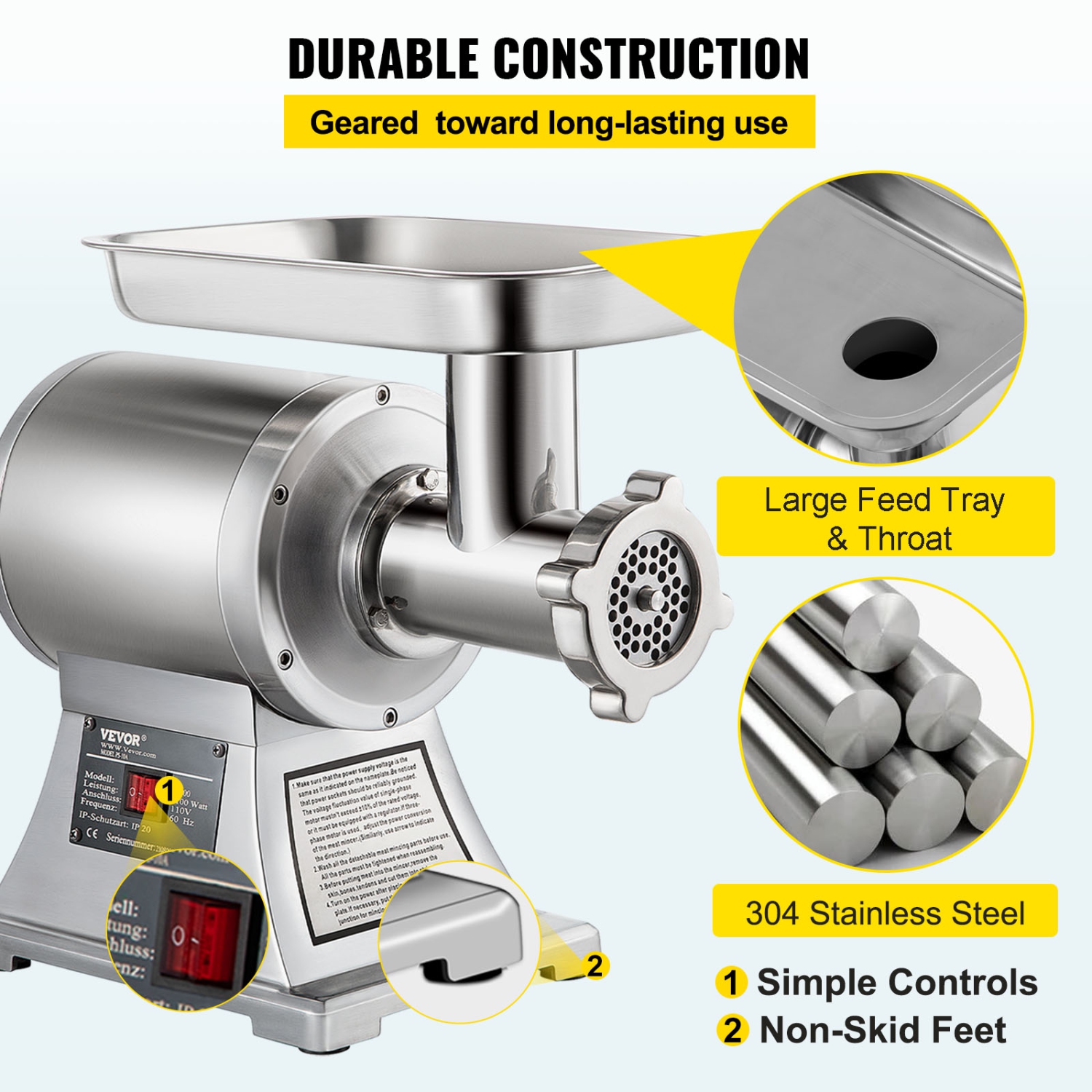 VEVOR Heavy Duty Meat Grinder Electric Meat Grinder with 1100W Max with Sausage Stuffer, Kubbe Kit, Vegetable Slicer & Shredder, Cheese Grater Home