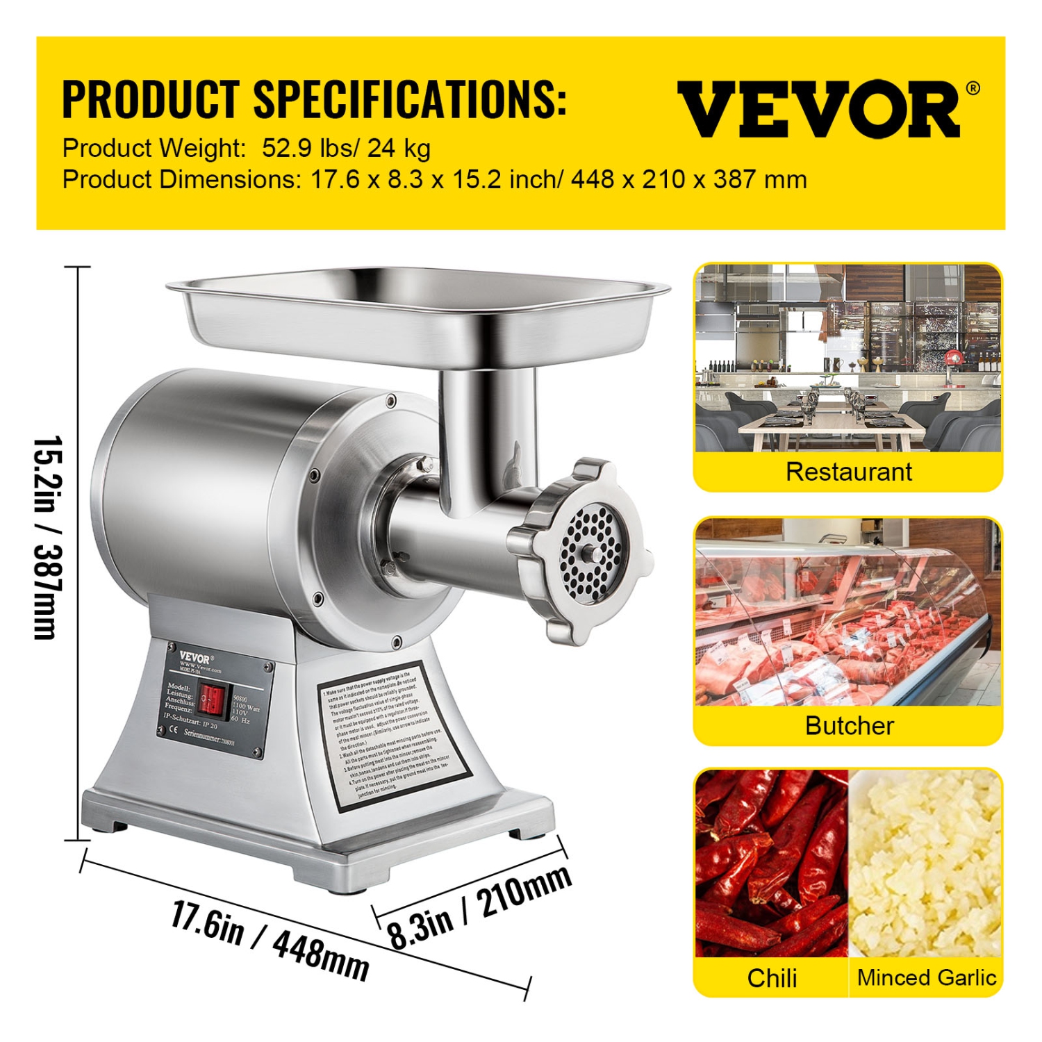 VEVOR Heavy Duty Meat Grinder Electric Meat Grinder with 1100W Max with Sausage Stuffer, Kubbe Kit, Vegetable Slicer & Shredder, Cheese Grater Home