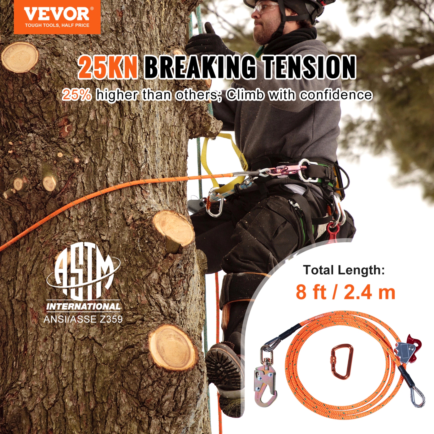 VEVOR 1/2" x 8' Steel Core flipline, Arborist Flipline, Flip Line for Tree Climbing with Alloy Steel Snap Hook, Aluminum Alloy Carabiner and Extra