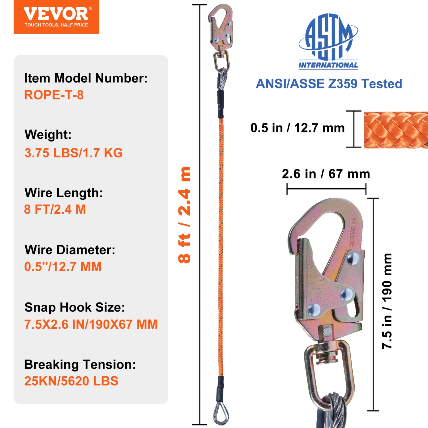 VEVOR 1/2" x 8' Steel Core flipline, Arborist Flipline, Flip Line for Tree Climbing with Alloy Steel Snap Hook, Aluminum Alloy Carabiner and Extra