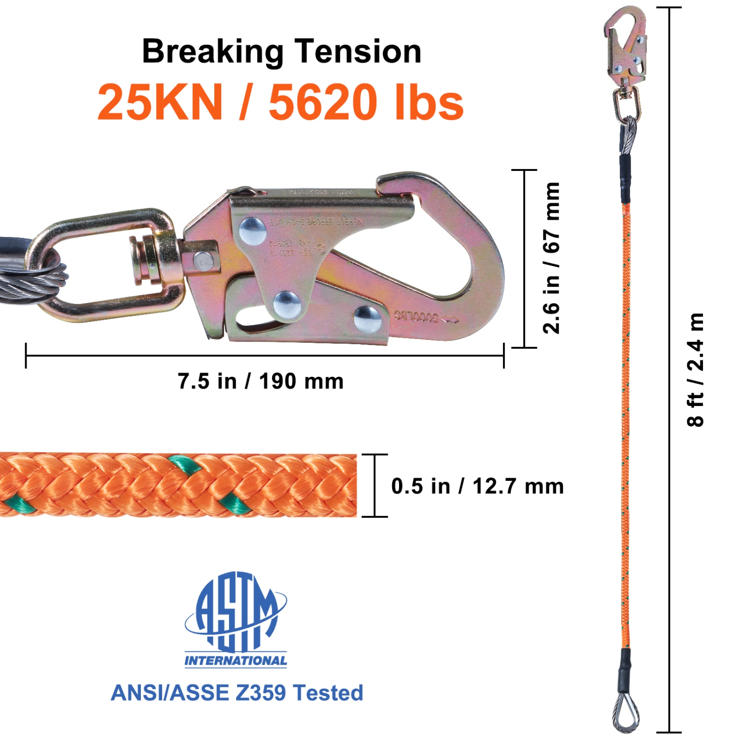 VEVOR 1/2" x 8' Steel Core flipline, Arborist Flipline, Flip Line for Tree Climbing with Alloy Steel Snap Hook, Aluminum Alloy Carabiner and Extra