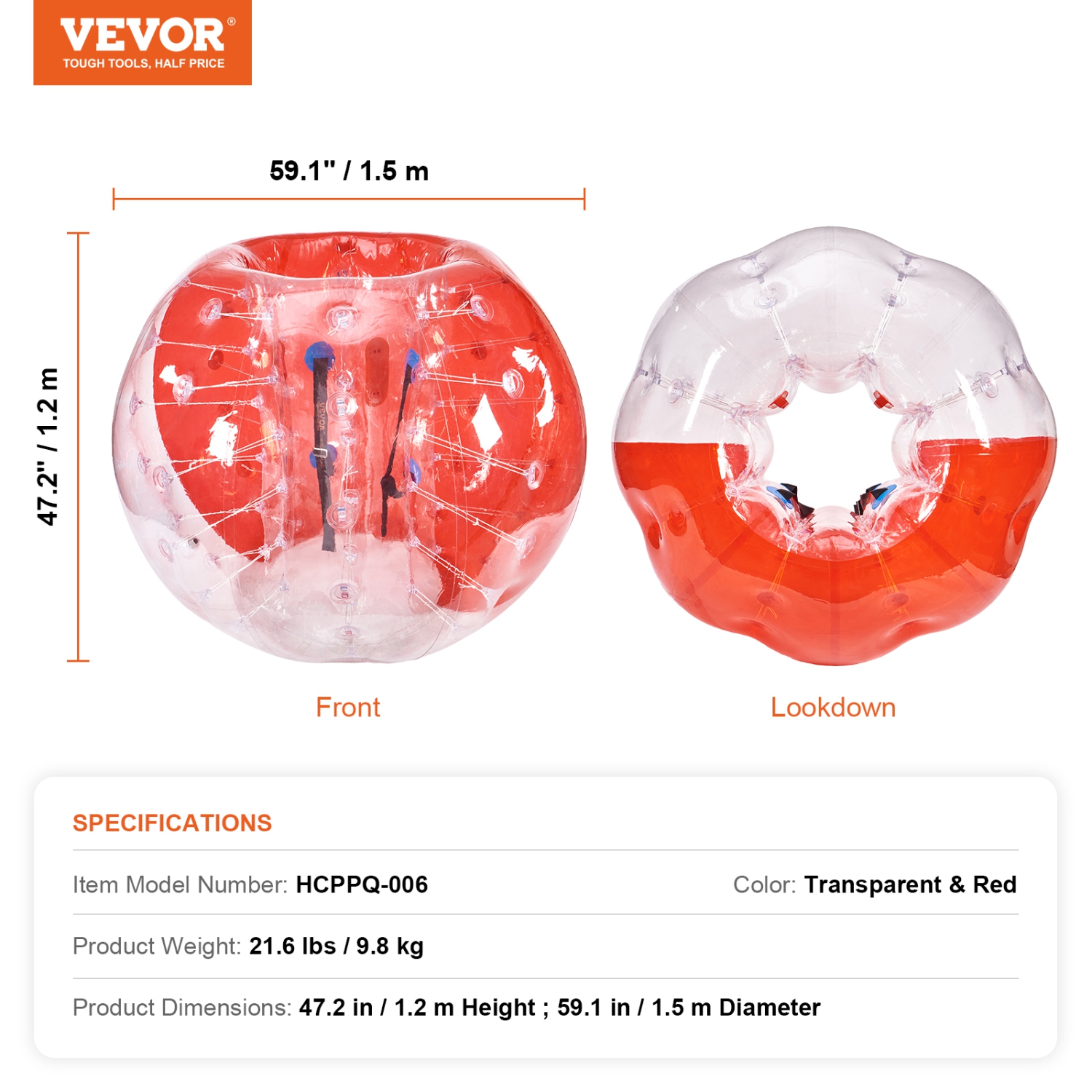 VEVOR 5FT/1.5M Inflatable Bumper Ball 1-Pack, Body Sumo Zorb Balls for Teen & Adult, 0.8mm Thick PVC Human Hamster Bubble Balls for Outdoor Team