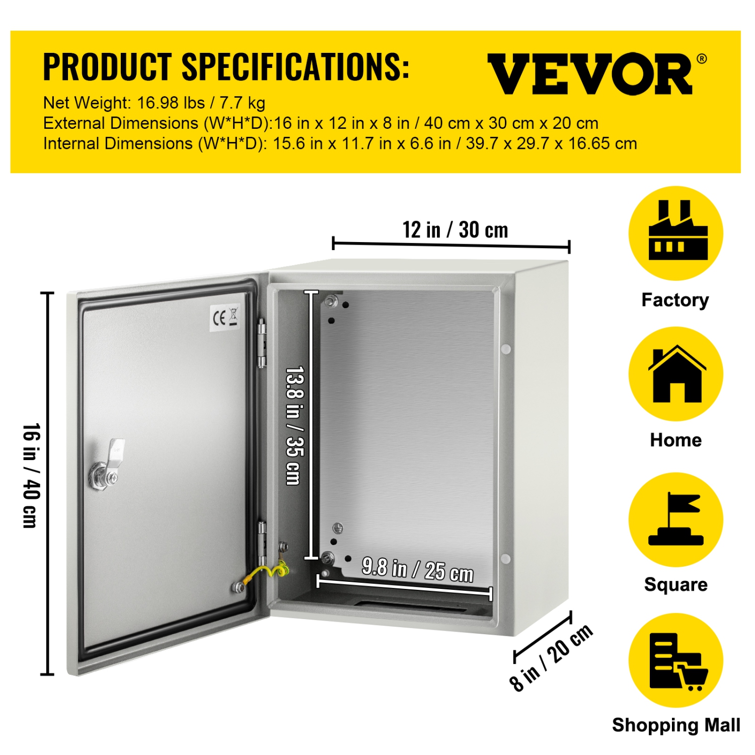 VEVOR 16x12x8 inches NEMA Steel Case, NEMA 4X Steel Electric Enclosure, IP66 Rated for Water and Dust Resistance, Suitable for Both Outdoor and